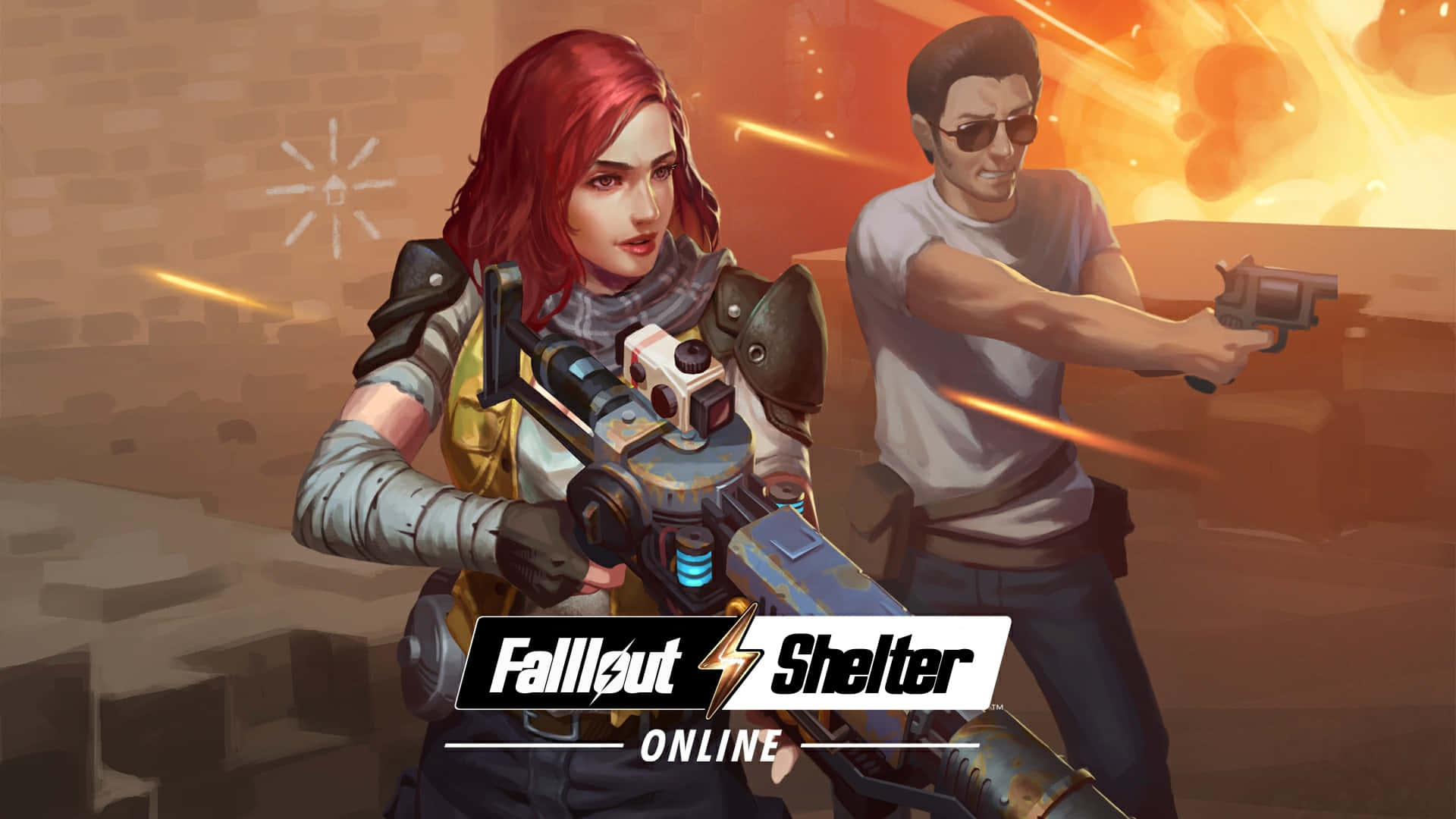 Fallout Shelter 桌布 壁紙 — 兩個角色在末日後場景中，在熾熱爆炸和 crumbling 磚牆中瞄準武器。