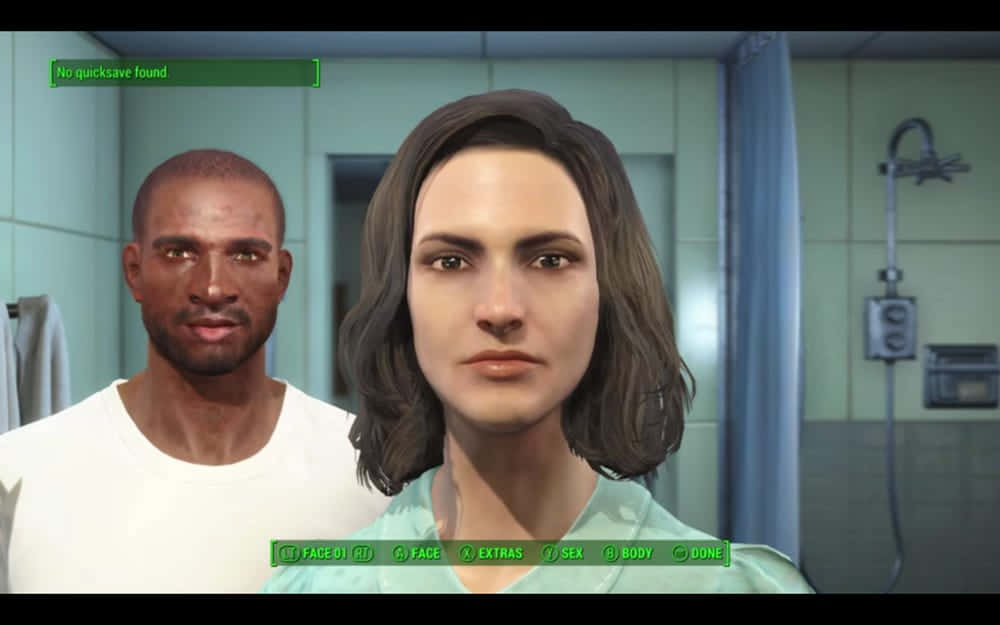 Fallout Characters 桌布 壁紙 — 兩個角色在浴室中，帶有綠色UI覆蓋層進行角色自定義。