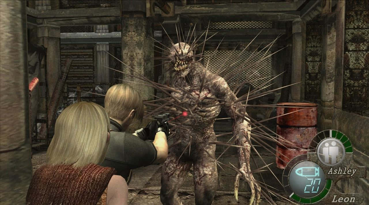 Horror Games 桌布 壁紙 — 兩個角色在破敗的工業環境中將武器瞄準一個尖刺的怪誕怪物。