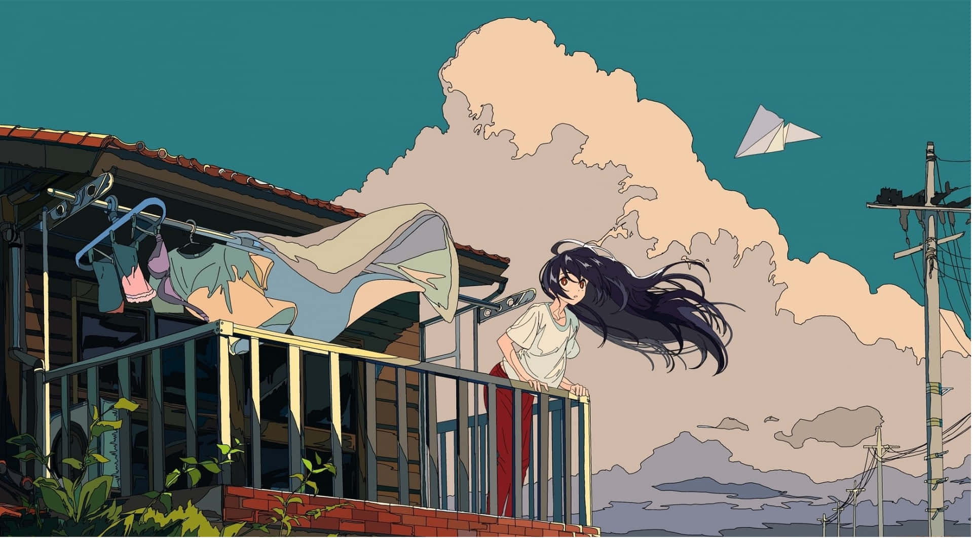陽台上的動漫女孩，有晾衣繩和紙飛機在頭頂飛過。