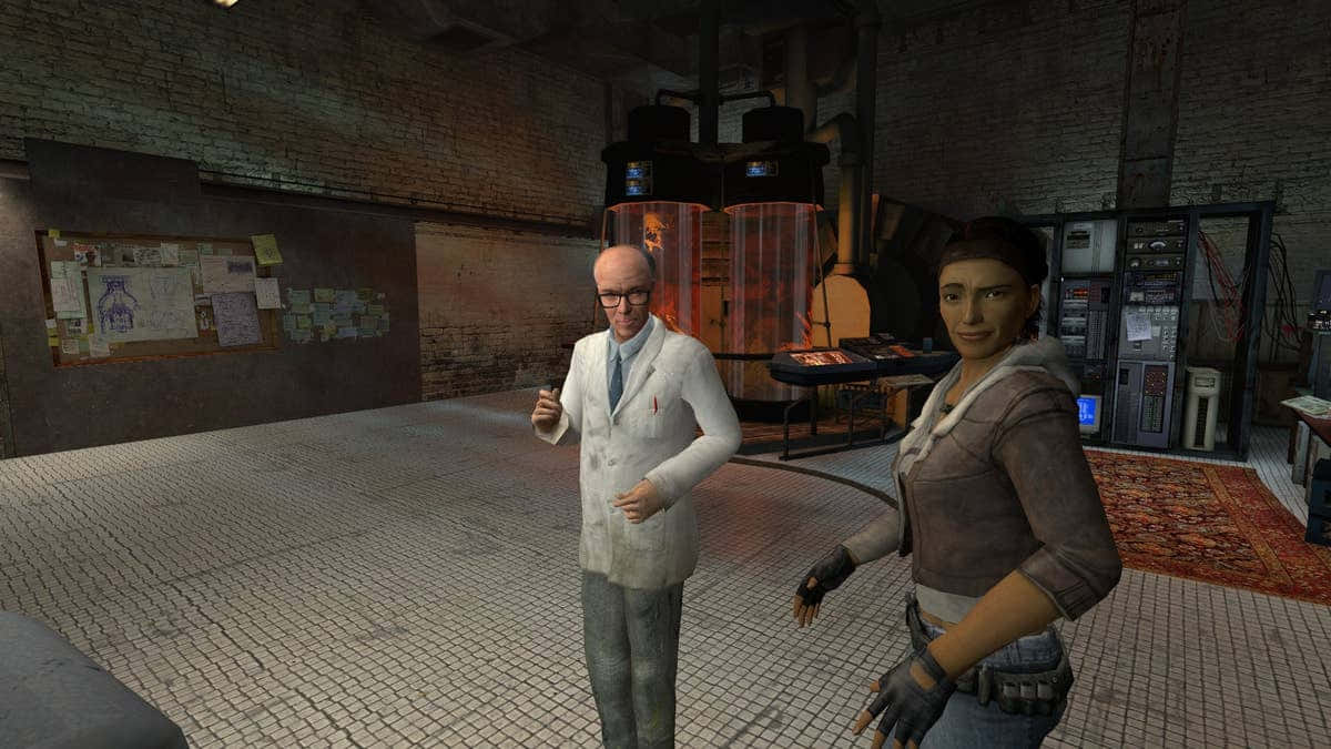 Half-life Characters 桌布 壁紙 — 兩個角色站在一個光線昏暗、磚牆的實驗室中，周圍有發光的玻璃罐和散落的科技設備。