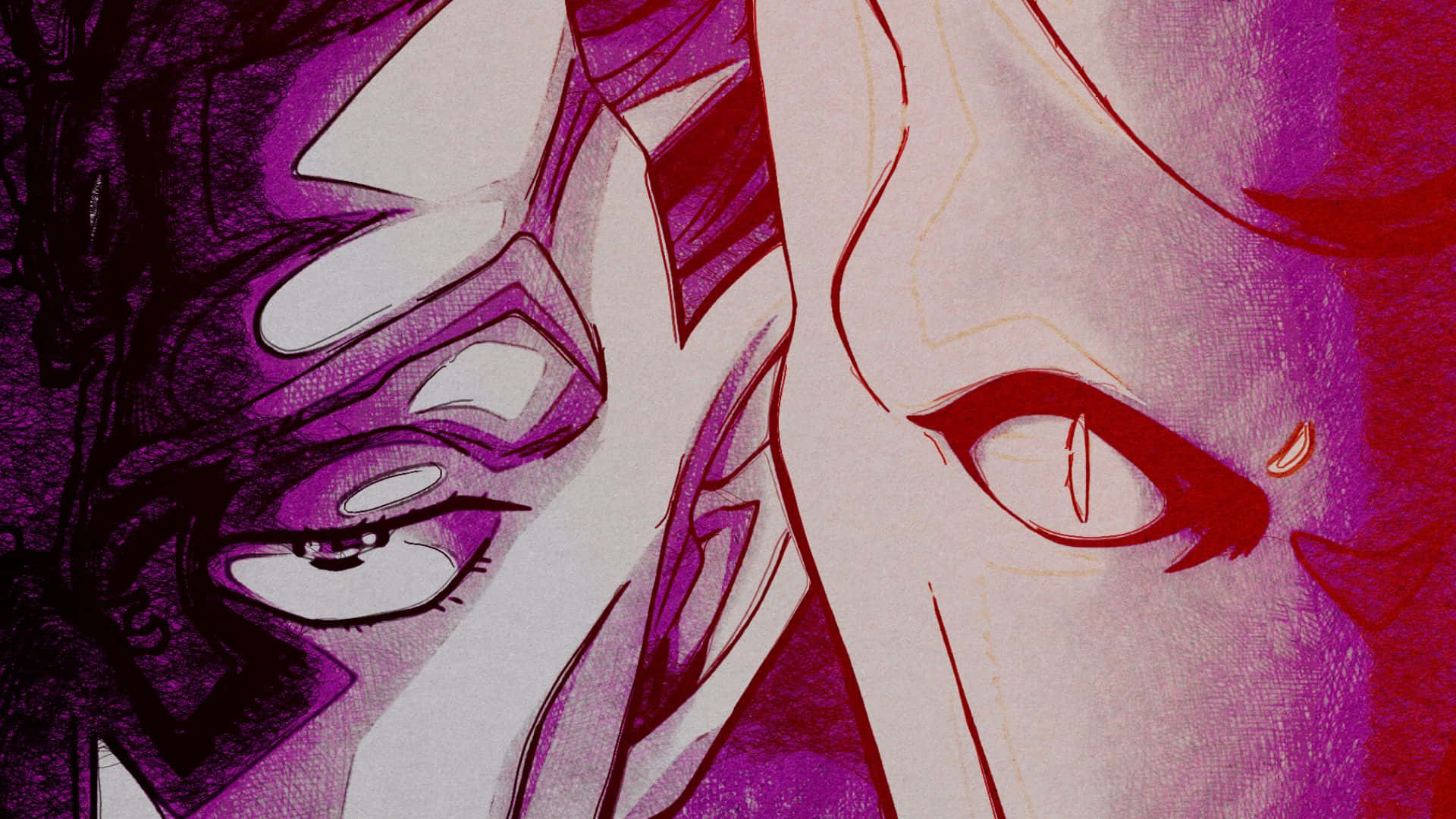 Kira Yoshikage 桌布 壁紙 — 兩個角色面部的戲劇性動漫風格特寫，採用強烈的紫色和紅色色調，一個流淚，另一個目光銳利。