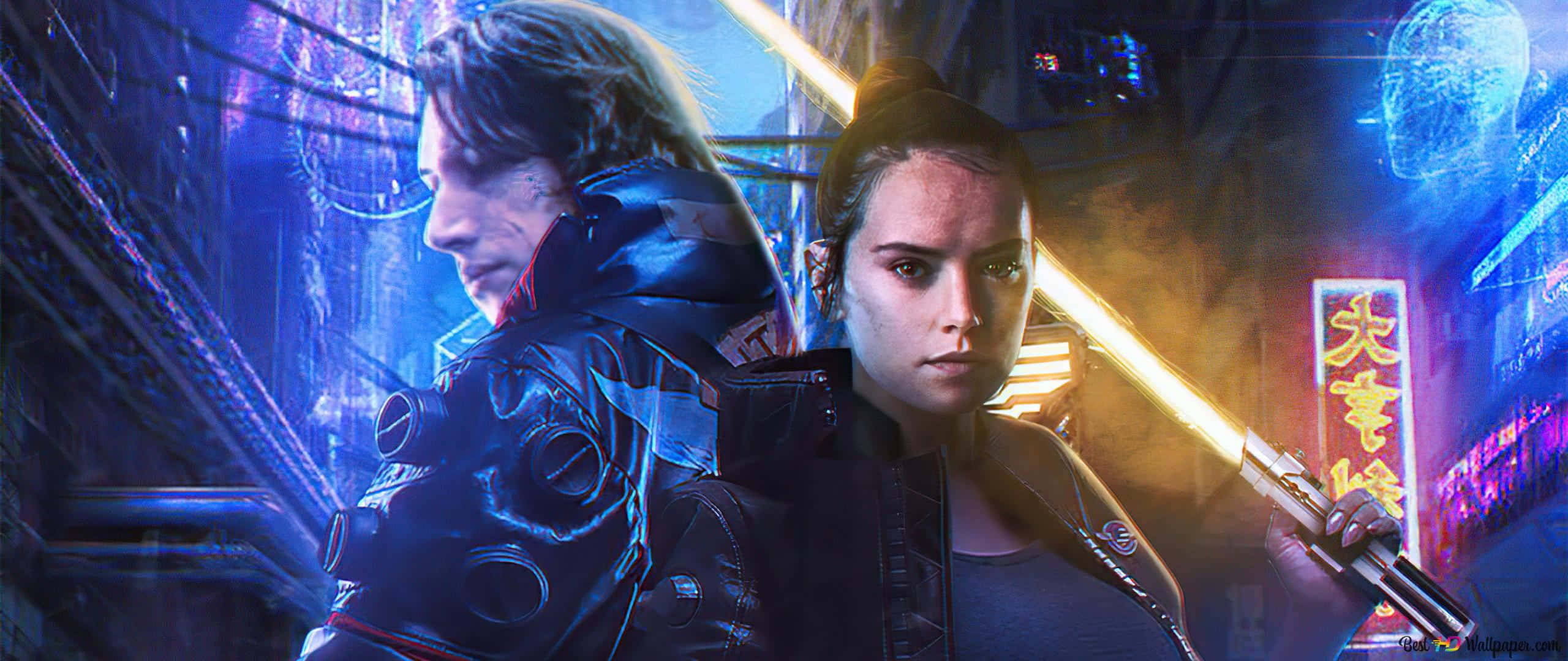 Cyberpunk 2077 Characters 桌布 壁紙 — 兩個賽博龐克角色站在霓虹燈小巷中，在全息標誌下手持發光劍。