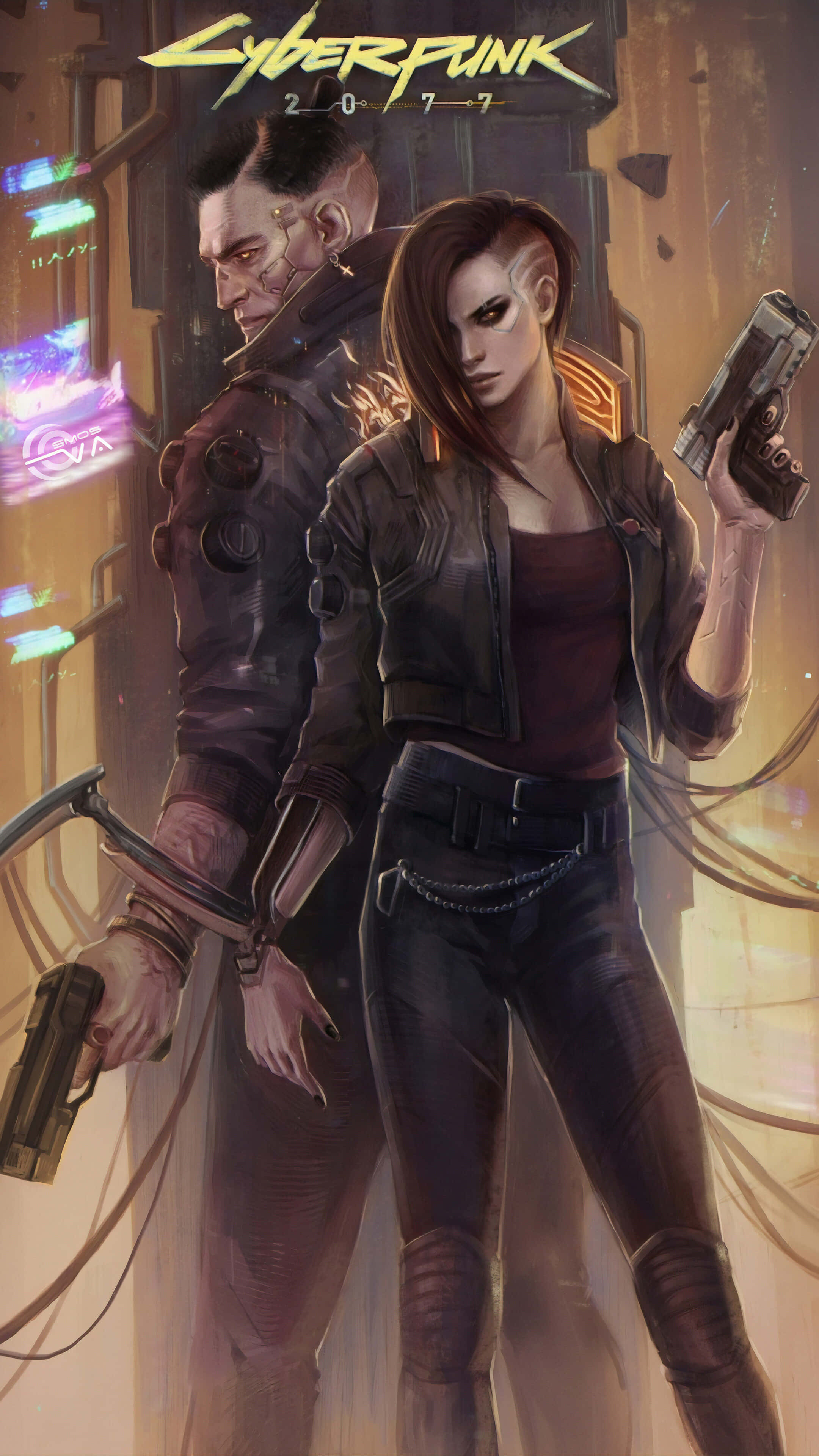 Cyberpunk 2077 Characters 桌布 壁紙 — 兩個賽博龐克角色站在霓虹燈巷中，手持槍械，周圍是發光的科技和骯髒的城市衰敗。