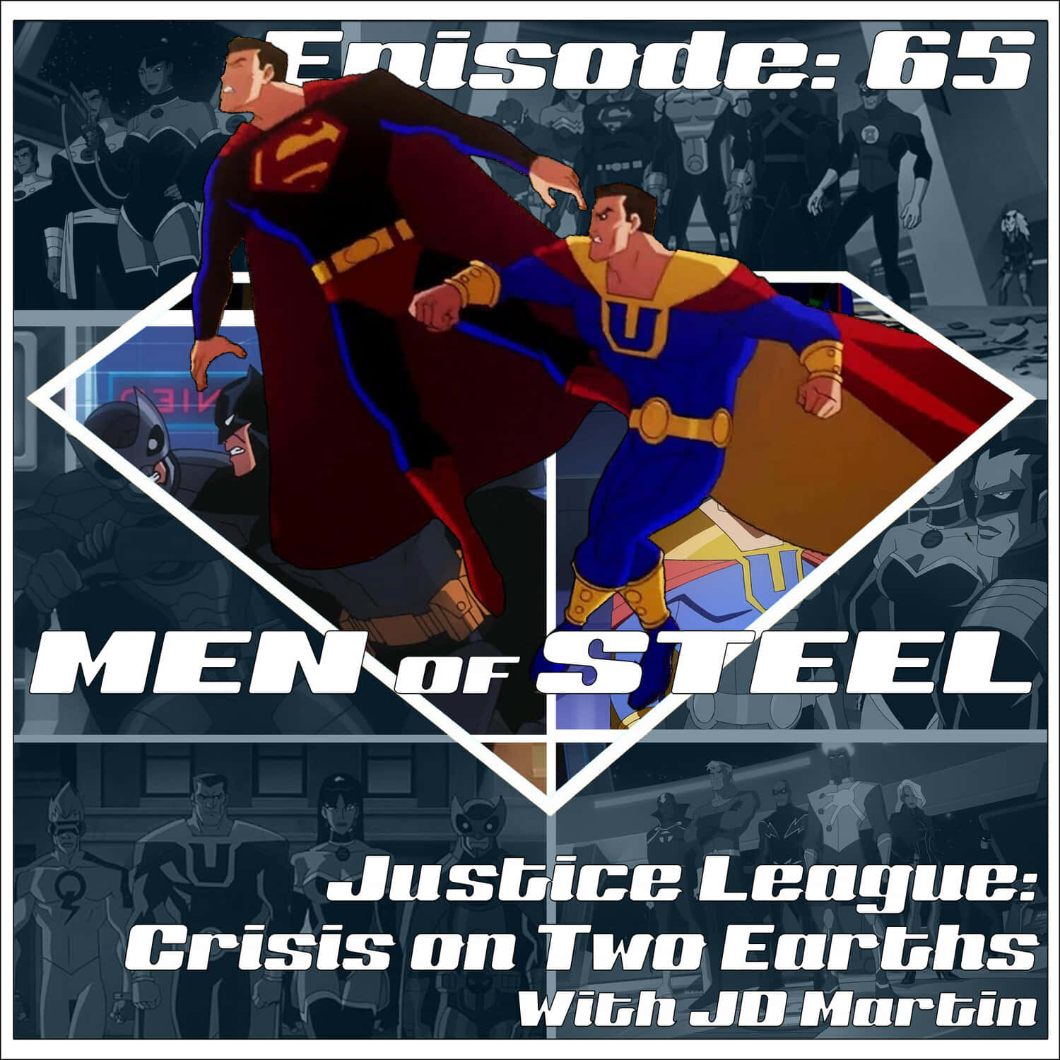 Justice League Crisis On Two Earths 桌布 壁紙 — 兩個超人角色在《Justice League Crisis on Two Earths》的鑽石框架漫畫面板中動態碰撞。