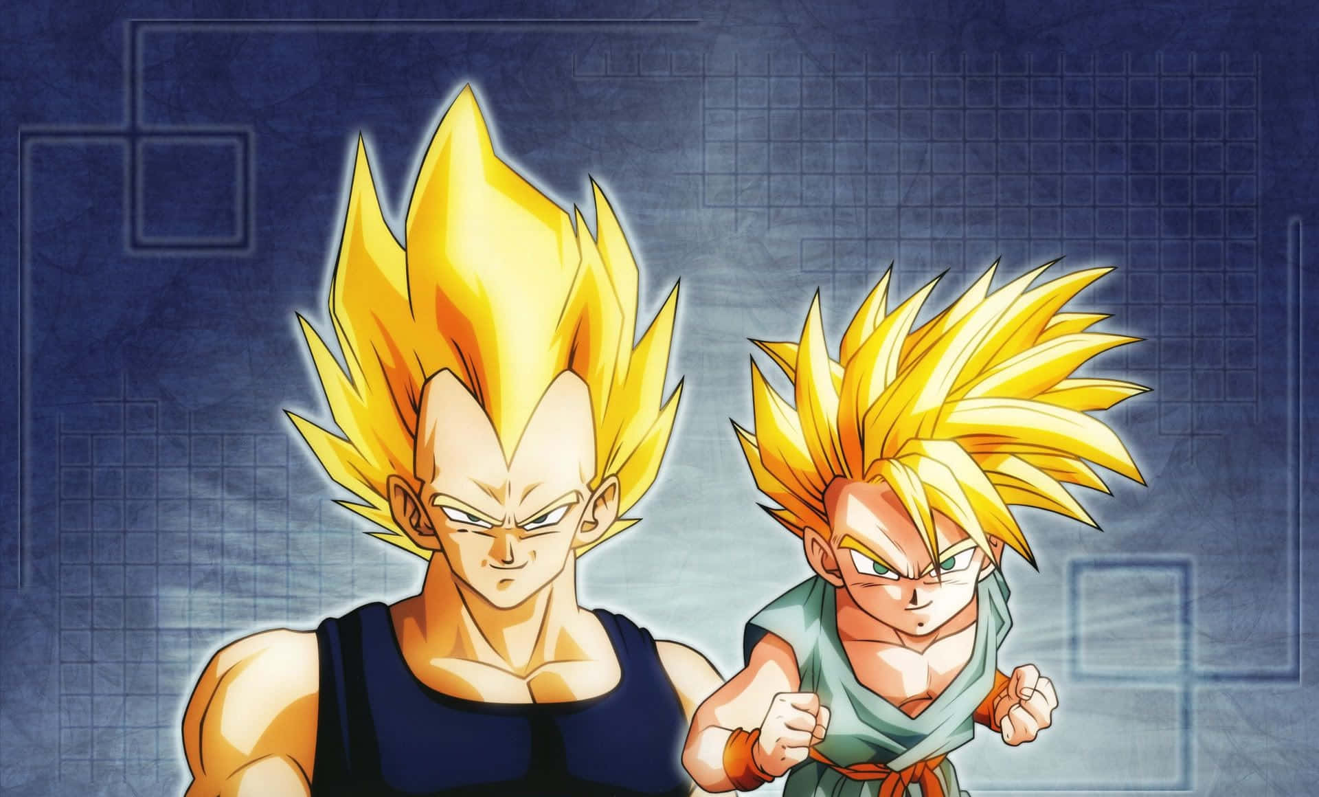 Vegeta And Trunks 桌布 壁紙 — 兩個超級撒亞人動畫角色，擁有尖刺金色頭髮，在藍色網格背景前準備戰鬥。