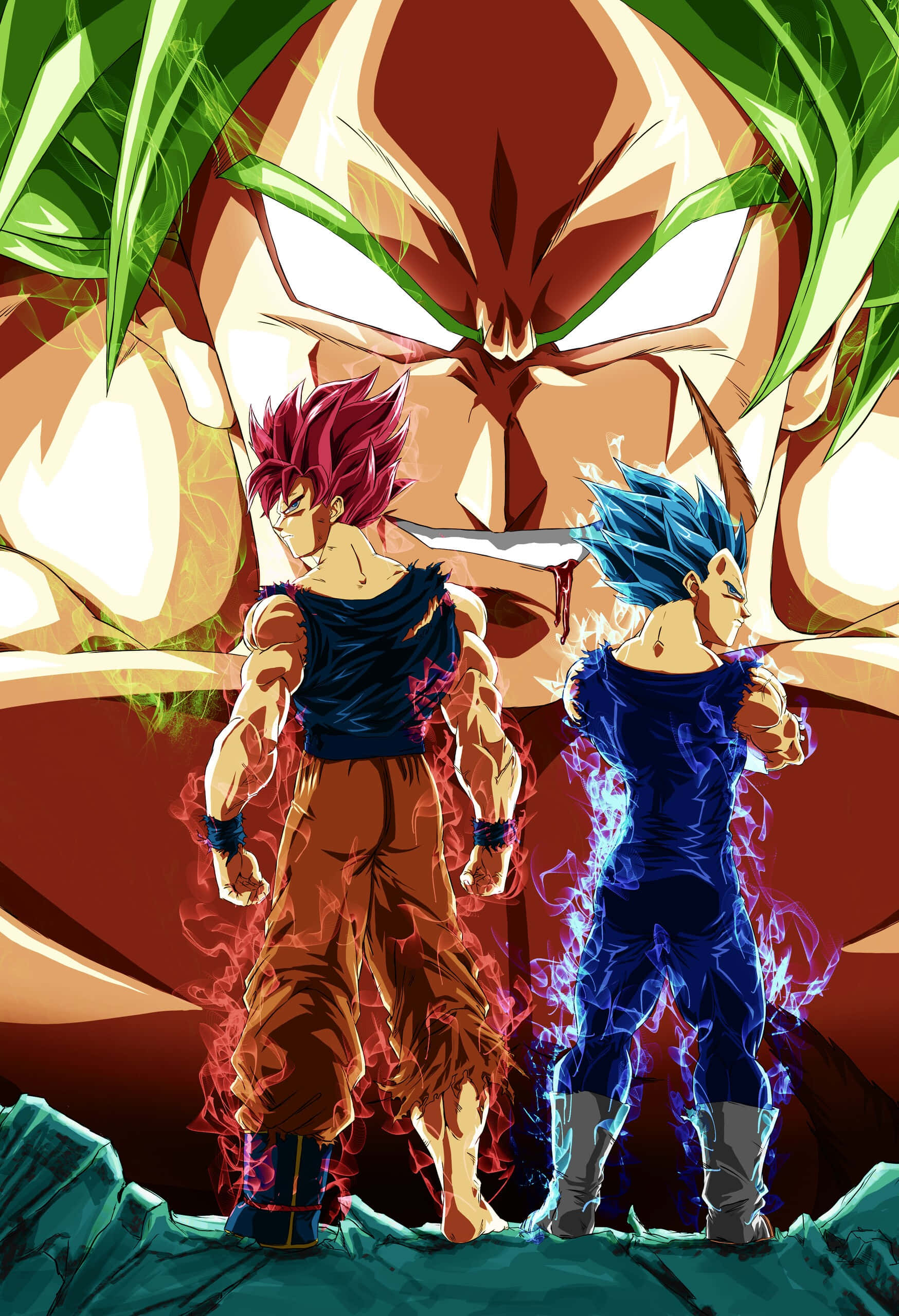 Vegeta And Broly 桌布 壁紙 — 兩個超級撒亞人形態的撒亞人戰士，挑釁地站在一個巨大憤怒、眼睛發光、綠髮的臉孔前。