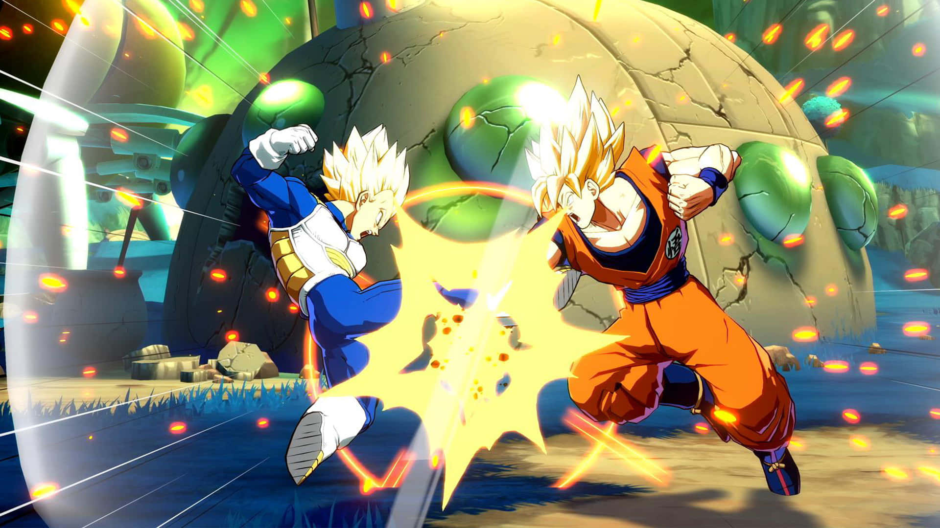 Dbz Video Games 桌布 壁紙 — 兩個超級撒亞人戰士在一個佈滿裂縫的星球上，伴隨著漂浮的綠色球體，於發光的能量爆發中碰撞。