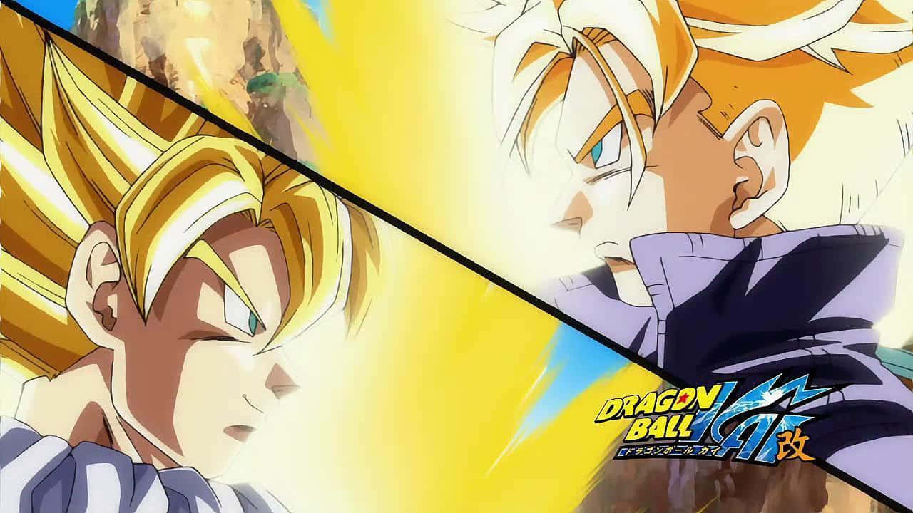 Dragon Ball Z Kai 桌布 壁紙 — 兩個超級撒亞人角色在充滿動感的動畫戰鬥場景中對峙，帶有明亮的黃色能量和粗線條。