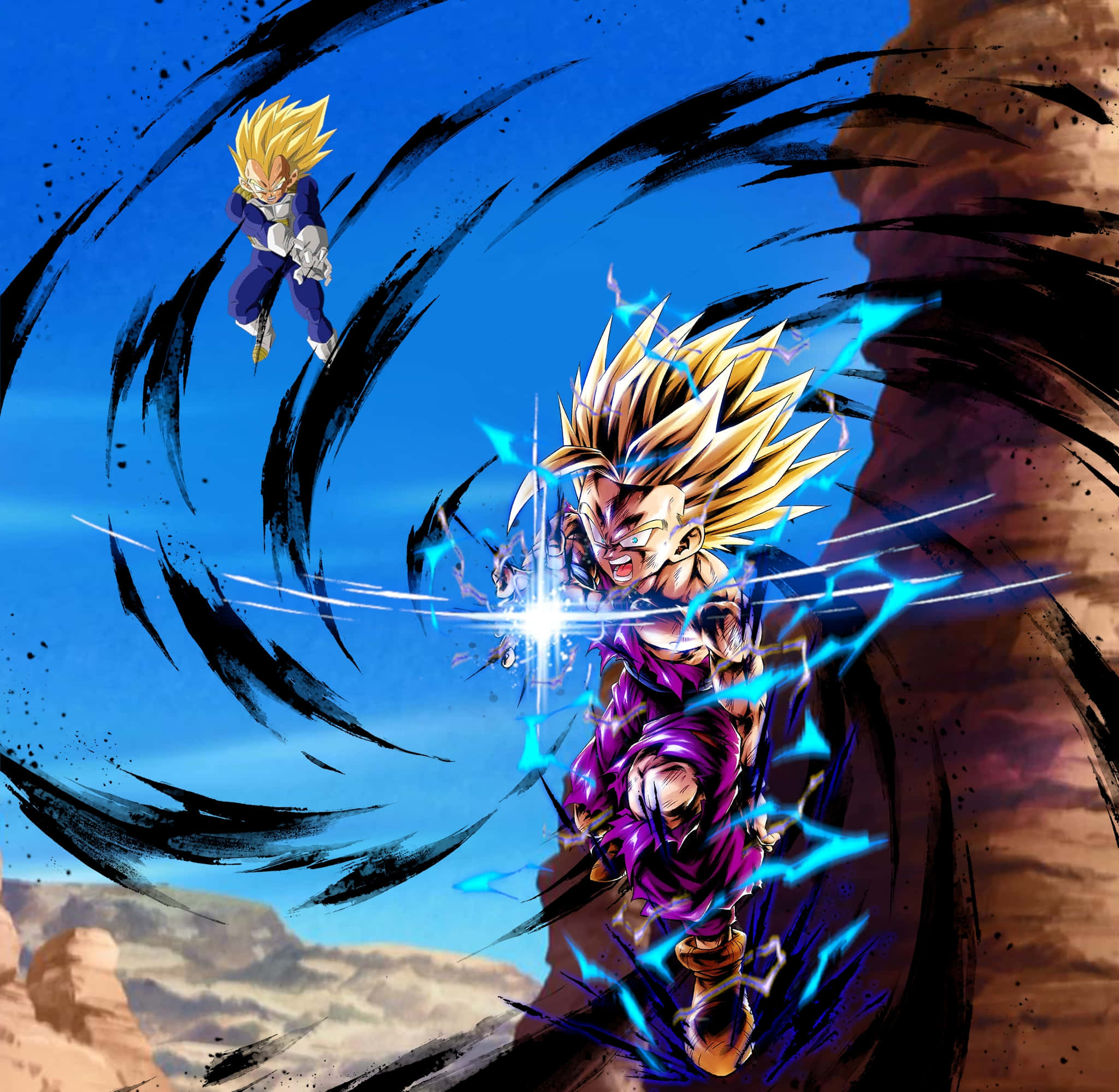 Vegeta Super Saiyan 2 桌布 壁紙 — 兩個超級撒亞人角色在沙漠峽谷背景下，以藍色能量光束和黑色動態條紋在半空中碰撞。