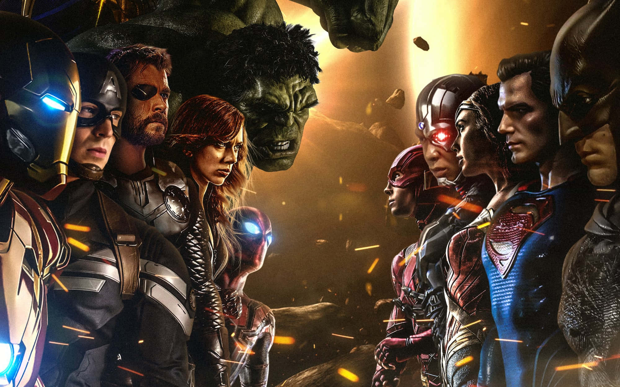 Superhero Movies 桌布 壁紙 — 兩個超級英雄派系在戲劇性的電影式衝突中對峙，眼睛發光，碎片飛揚。