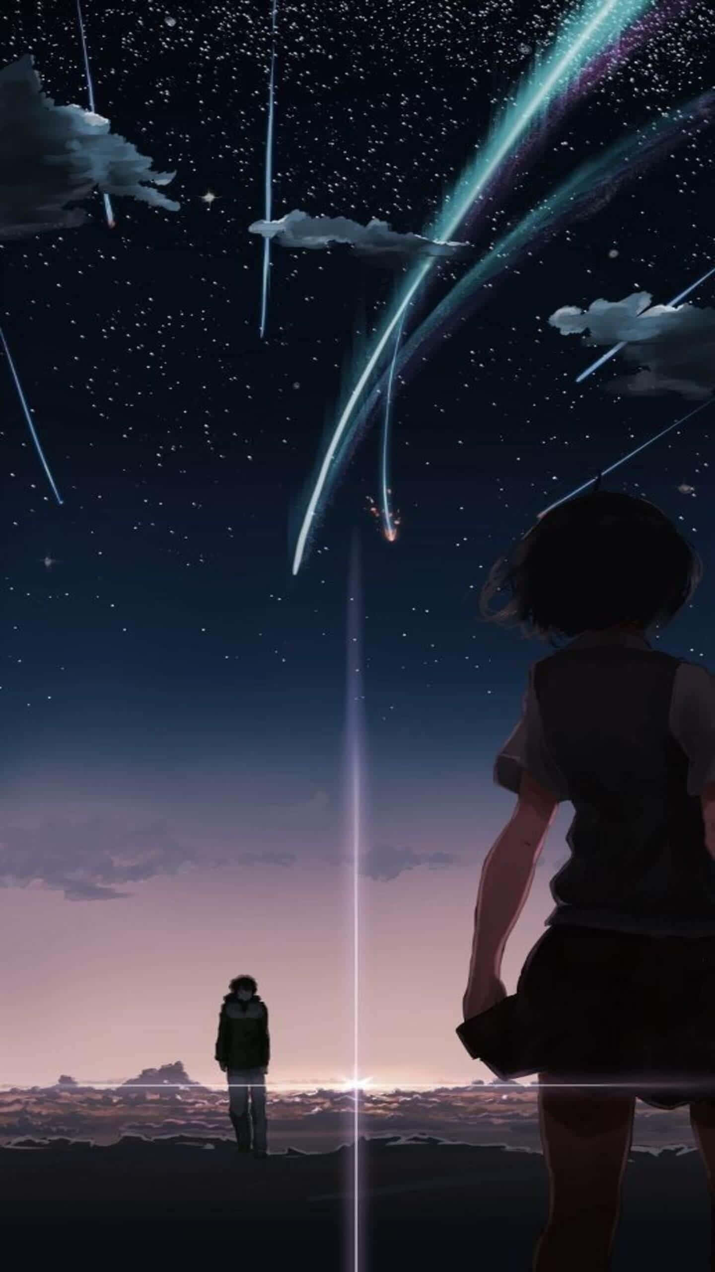 憂鬱 桌布 壁紙 — 兩個身影仰望遠方地平線之上，流星劃過的星空夜空。