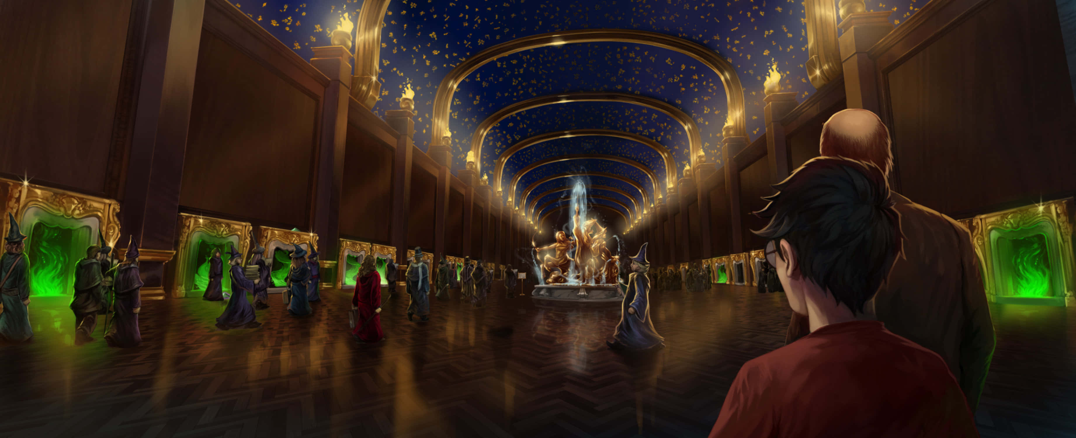 The Ministry Of Magic 桌布 壁紙 — 兩個身影俯視著一個宏偉的大廳，天花板佈滿星星，散發著綠色光芒的傳送門，身穿長袍的身影恭敬地站立著。