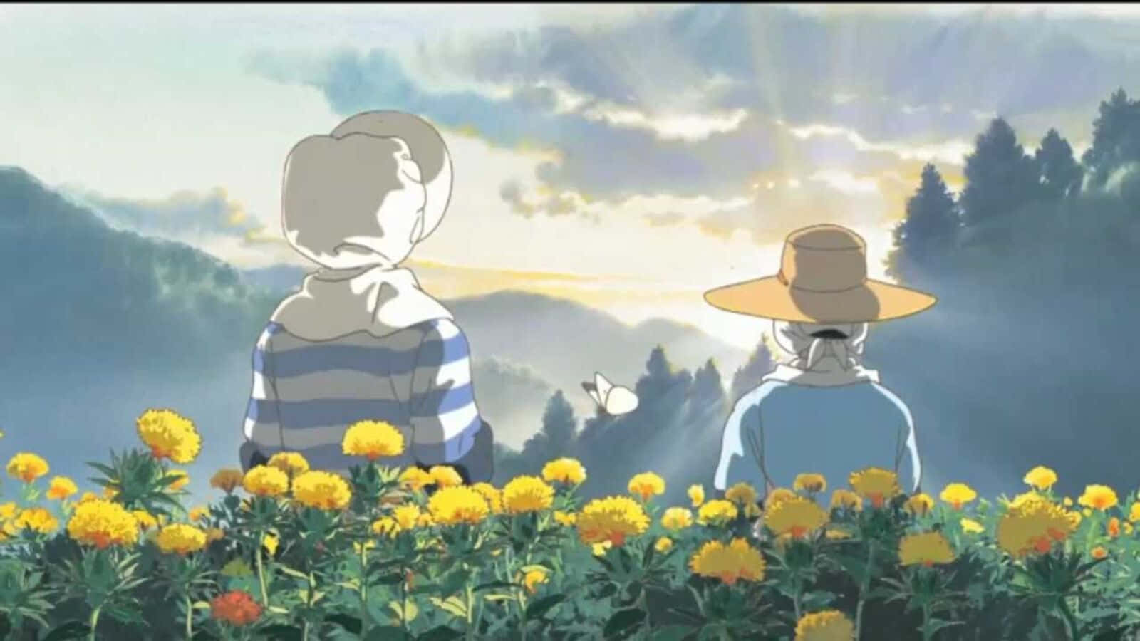 Only Yesterday 桌布 壁紙 — 兩個身影在一片黃色花田中，凝視著陽光普照的山脈，天空柔和多雲。