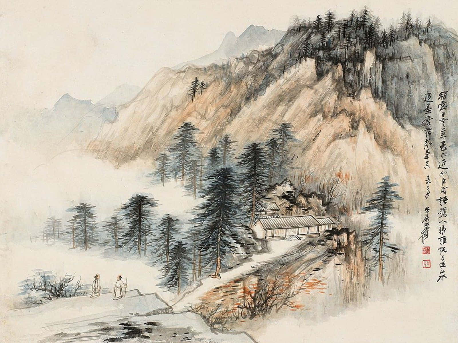 Painting 桌布 壁紙 — 兩個身影在煙霧瀰漫的山路上漫步，經過松樹和一座坐落在崎嶇地形中的隱蔽小屋。