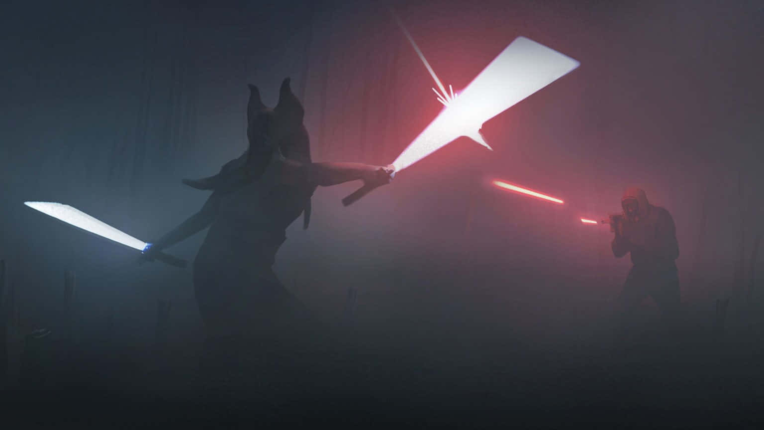 Lightsaber Duel 桌布 壁紙 — 兩個身影在迷霧戰場上交鋒，手持發光的紅色和白色光劍進行一場戲劇性的決鬥。