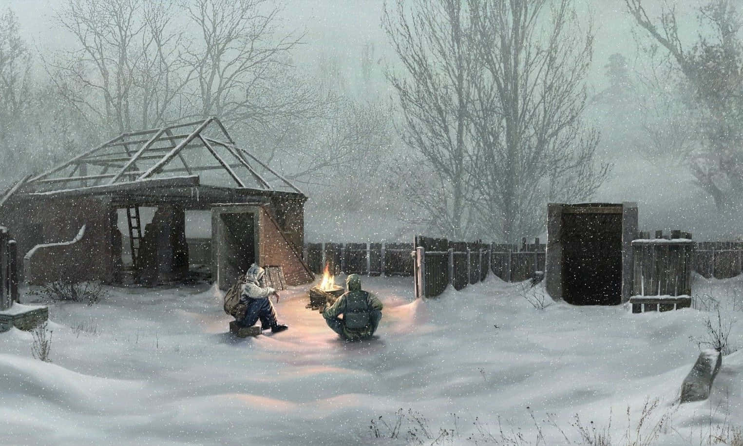 Nuclear Winter 桌布 壁紙 — 兩個身影在雪覆蓋的庭院裡圍著營火，旁邊是半建成的溫室和木柵欄。
