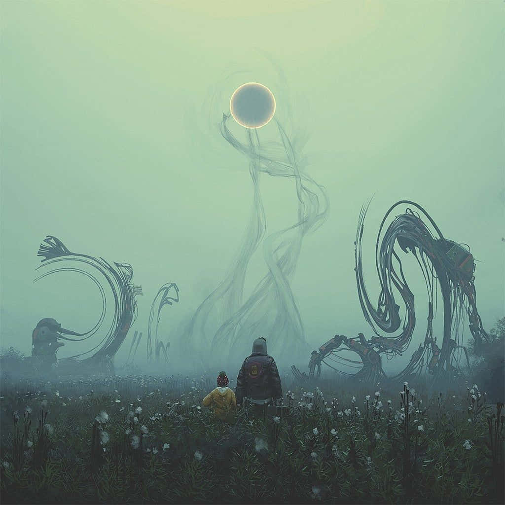 Black Hole Sun 桌布 壁紙 — 兩個身影坐在霧氣瀰漫的田野中，凝視著一個發光的球體，由一個高聳、空靈、煙霧般的實體高舉著，周圍環繞著扭曲的機械雕塑。