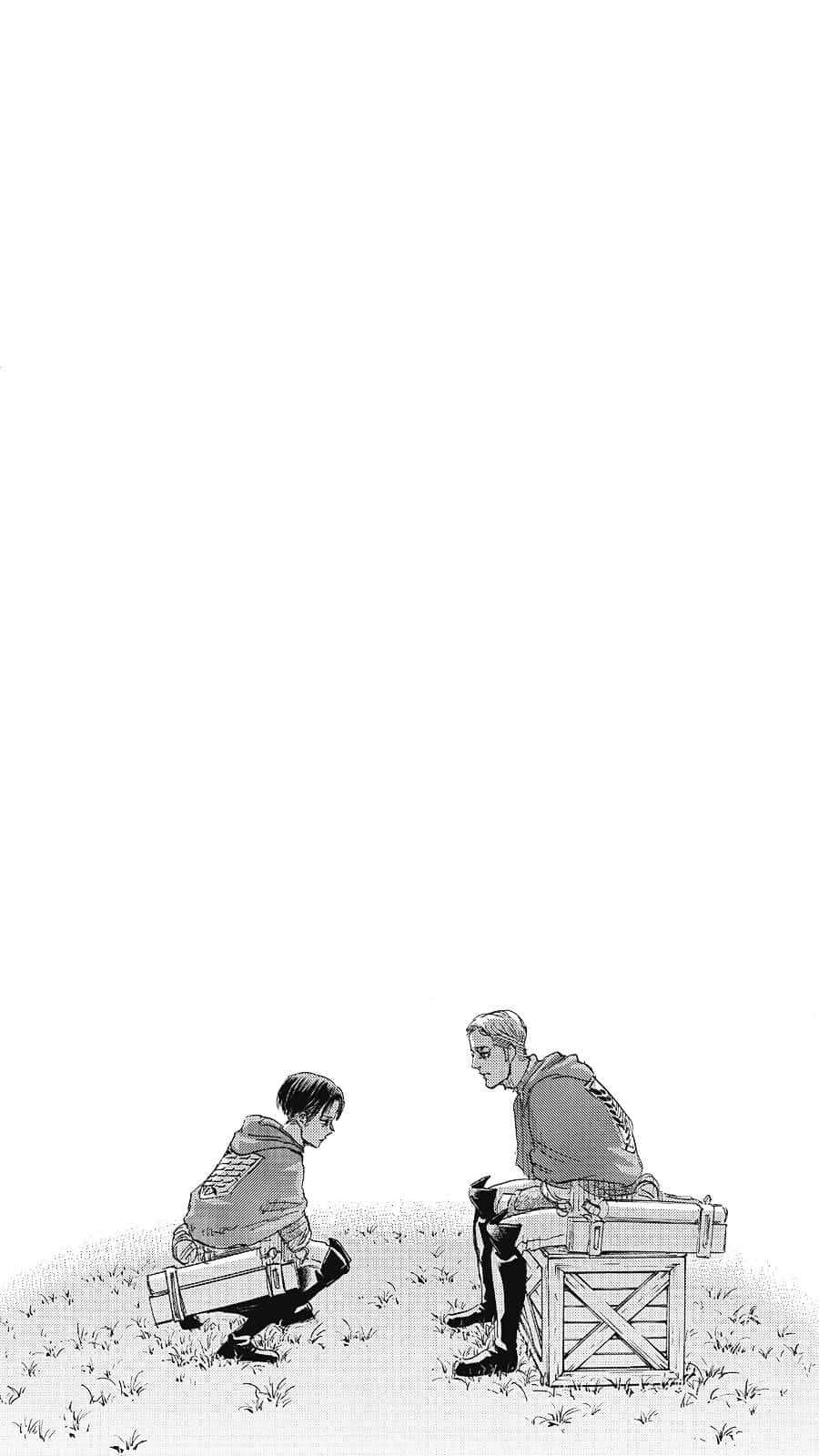 Manga Series 桌布 壁紙 — 兩個身穿3D渲染裝備的動漫角色坐在板條箱上，並在晴朗天空下的草地上跪著。