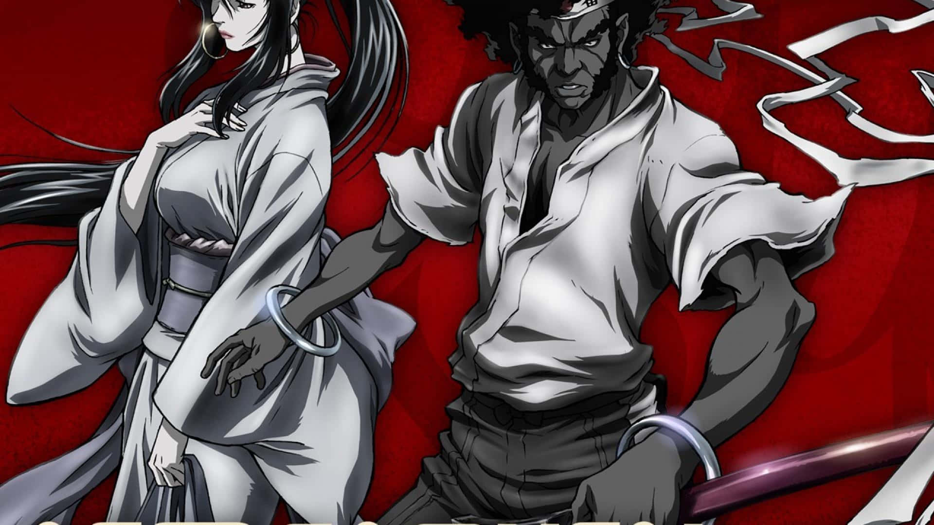 Afro Samurai 桌布 壁紙 — 兩個身穿單色服裝的動漫角色站在鮮紅色背景前，帶有動態運動線條。