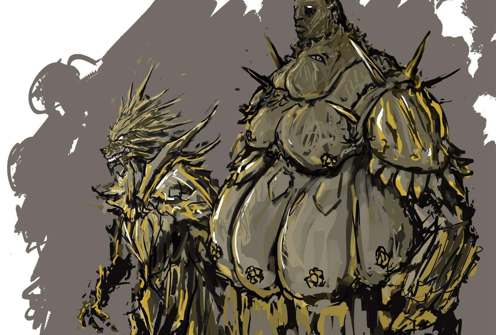 Dragon Slayer Ornstein 桌布 壁紙 — 兩個身穿尖刺金色盔甲的怪物裝甲人物，以粗糙的素描風格插圖呈現，背景為柔和的灰色。