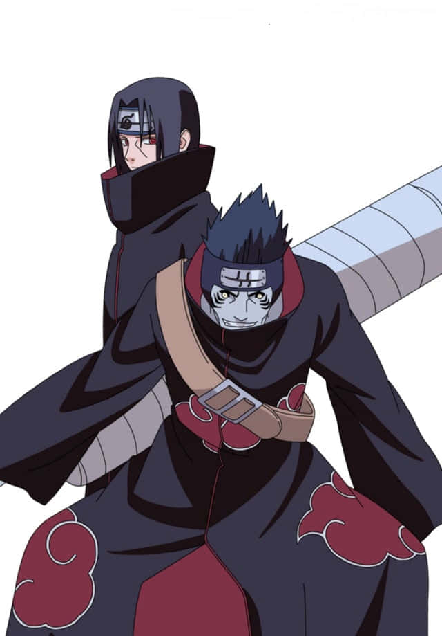 Akatsuki Kisame 桌布 壁紙 — 兩個身穿帶有紅色雲紋的深色斗篷的動漫角色，在白色背景前擺出動態姿勢。