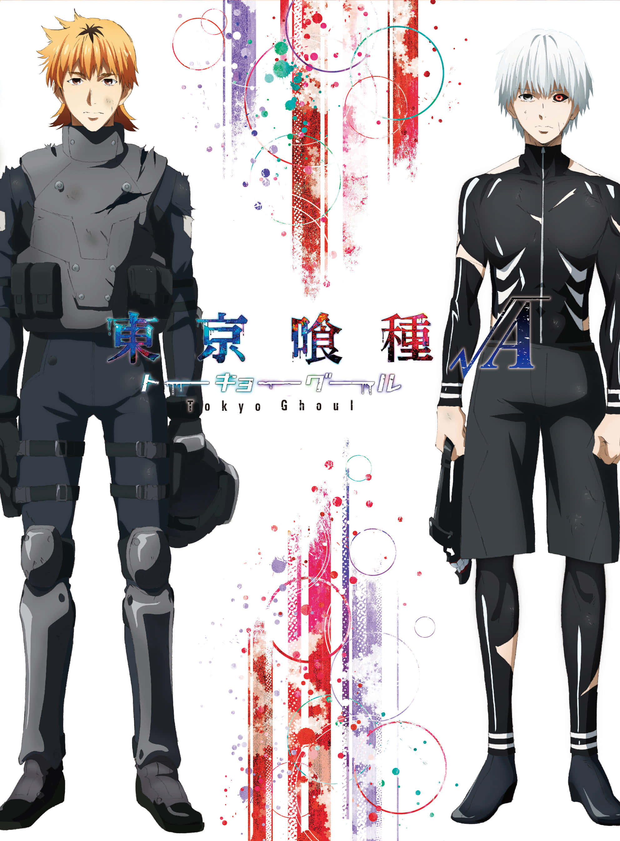 Hideyoshi Nagachika 桌布 壁紙 — 兩個身穿戰術裝備的動漫角色站在充滿活力的抽象背景前，背景有彩色油漆飛濺和日文字。