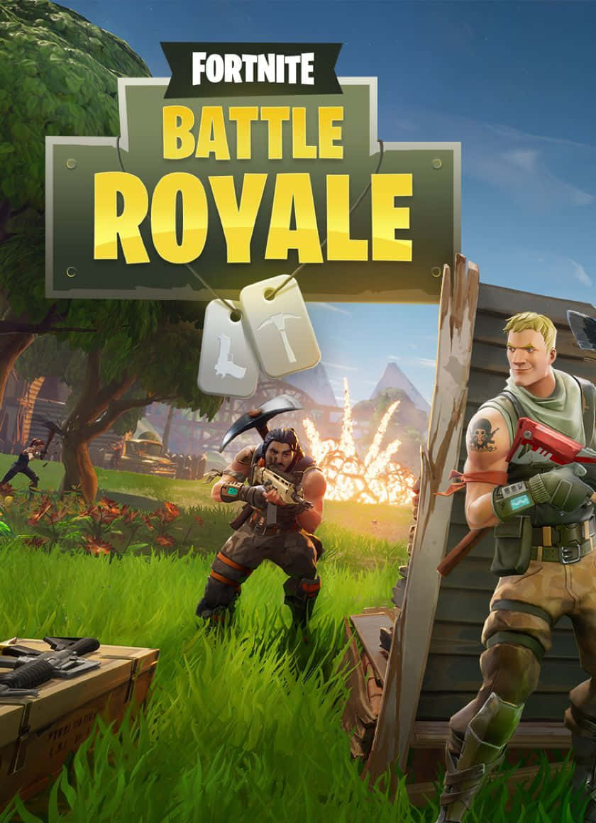 Fye No Skin Fortnite 桌布 壁紙 — 兩個身穿戰鬥裝備的Fortnite角色站在草地上，頭頂有爆炸和一個大型遊戲標誌。