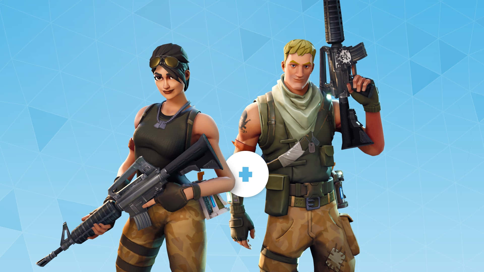 Console Game 桌布 壁紙 — 兩個身穿戰鬥裝備的Fortnite角色，在藍色幾何背景前持步槍。
