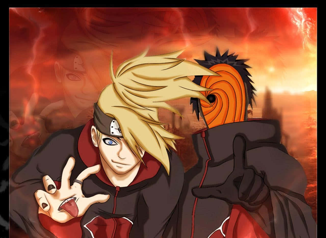 Akatsuki Tobi 桌布 壁紙 — 兩個身穿曉組織斗篷的動漫角色，在火紅橙色的天空背景下自信地擺姿勢，身後有一個幽靈般的身影。