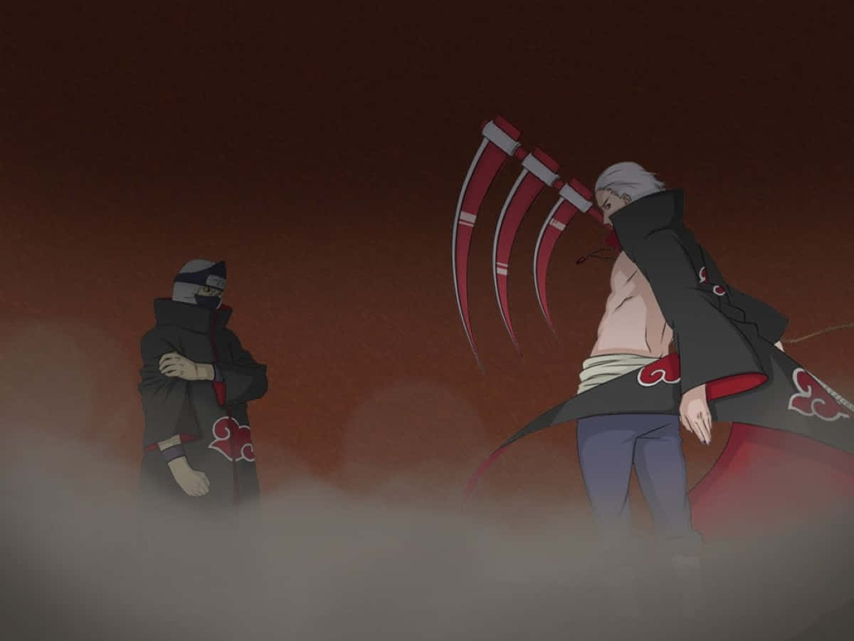 Akatsuki Ninja 桌布 壁紙 — 兩個身穿曉組織斗篷的動漫角色站在霧氣瀰漫的紅色戰場上，其中一人揮舞著紅色鐮刀。