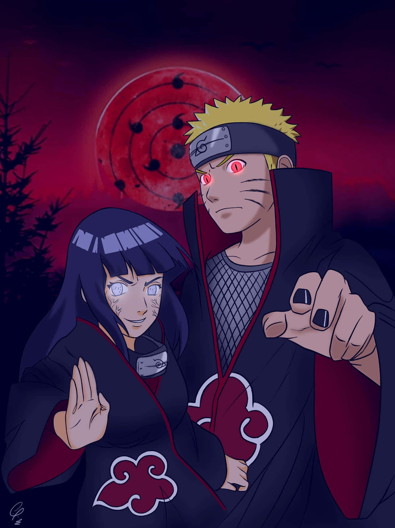 Akatsuki Hinata 桌布 壁紙 — 兩個身穿曉組織斗篷的動漫角色站在帶有黑色標記的紅月前，背景是深紅色的天空。