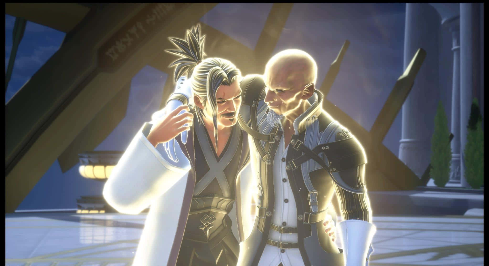 Kingdom Hearts Xehanort 桌布 壁紙 — 兩個身穿未來盔甲的動漫角色在發光的建築場景中靠得很近，帶有戲劇性的燈光。