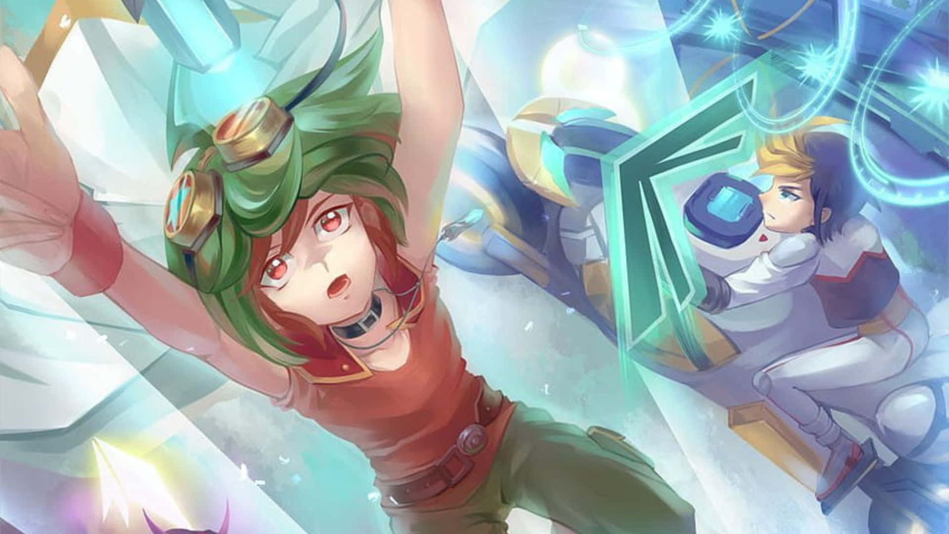 Yu-gi-oh Yugo 桌布 壁紙 — 兩個身穿未來裝備的動漫角色在充滿活力的科幻場景中與發光的能量構造戰鬥。