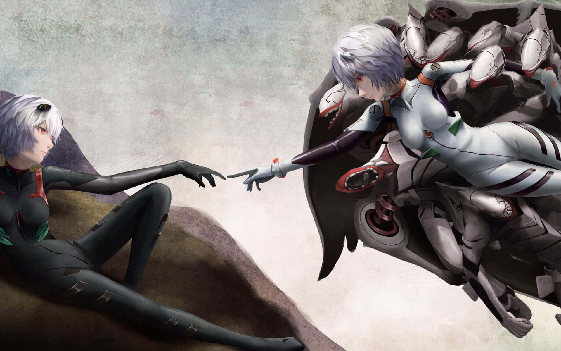 Adam Evangelion 桌布 壁紙 — 兩個身穿未來風格服裝的動漫角色在柔和紋理背景前向對方伸出手臂。