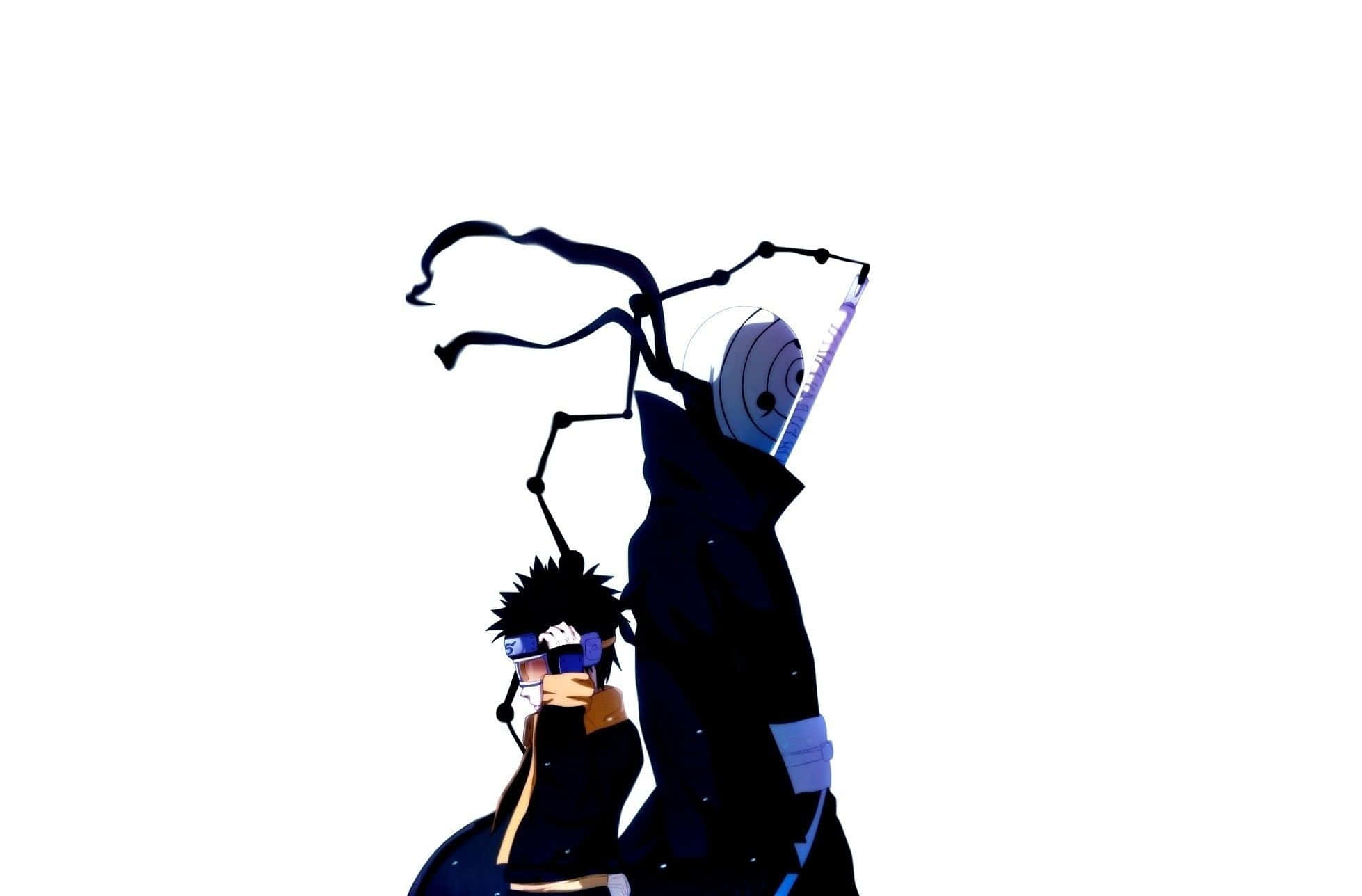 Naruto White 桌布 壁紙 — 兩個身穿深色斗篷帶有藍色點綴的動漫角色站在純白背景前，其中一個手持帶有飄逸絲帶元素的武器。