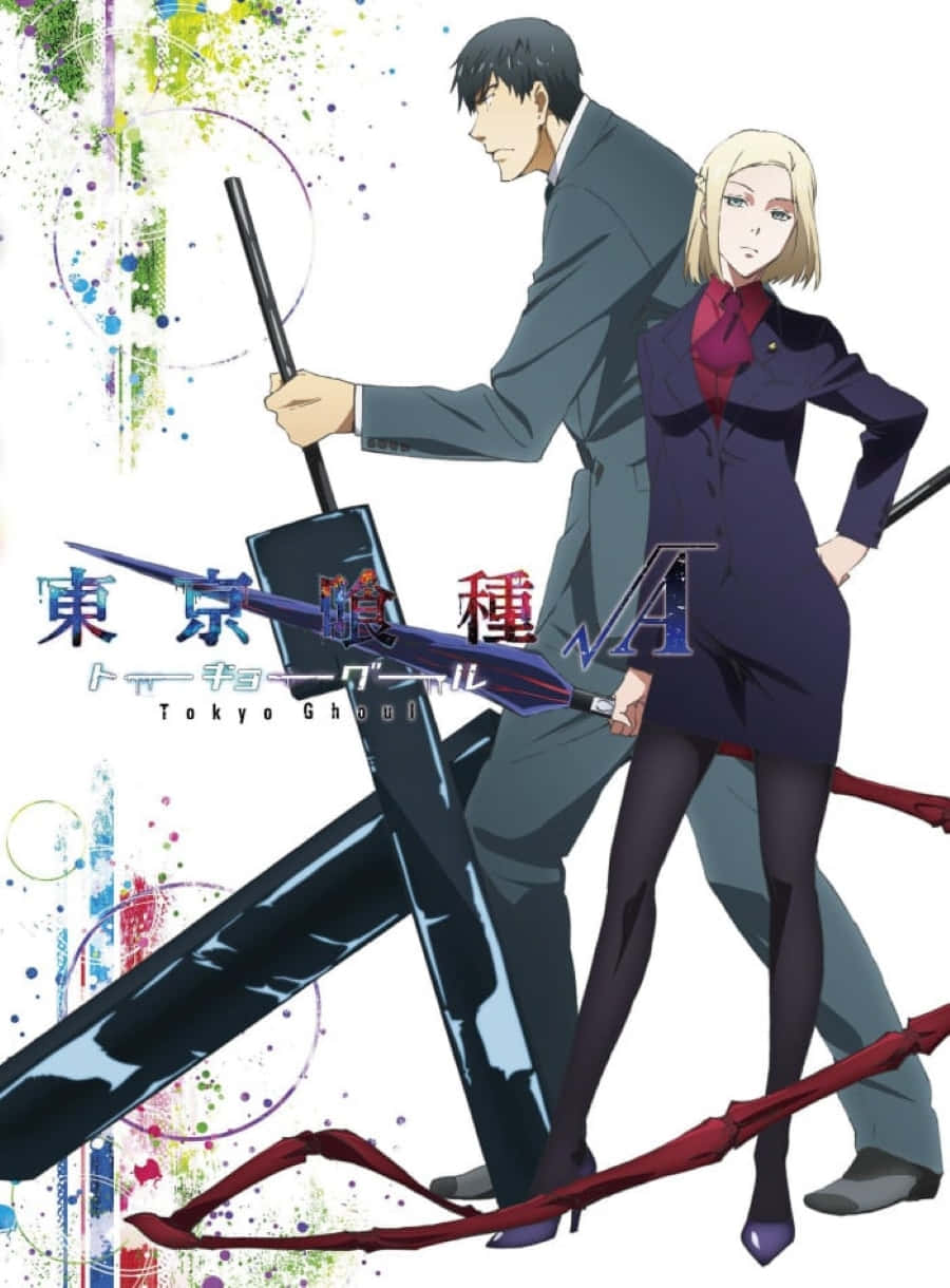 Akira Mado 桌布 壁紙 — 兩個身穿深色西裝的動漫角色，手持大刀，站在潑濺的抽象背景前，姿態威風凜凜。