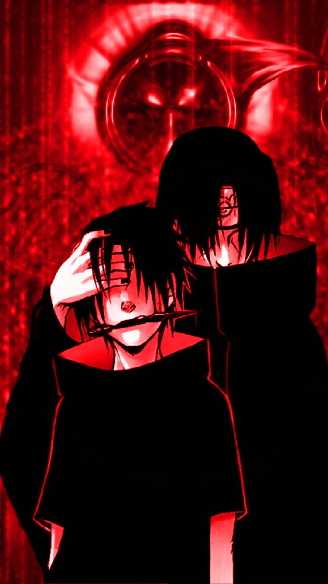 sasuke uchiha 桌布 壁紙 — 兩個身穿深色長袍的動漫人物在發光的紅色眼睛下擁抱，場景帶有邪惡的紅色色調。