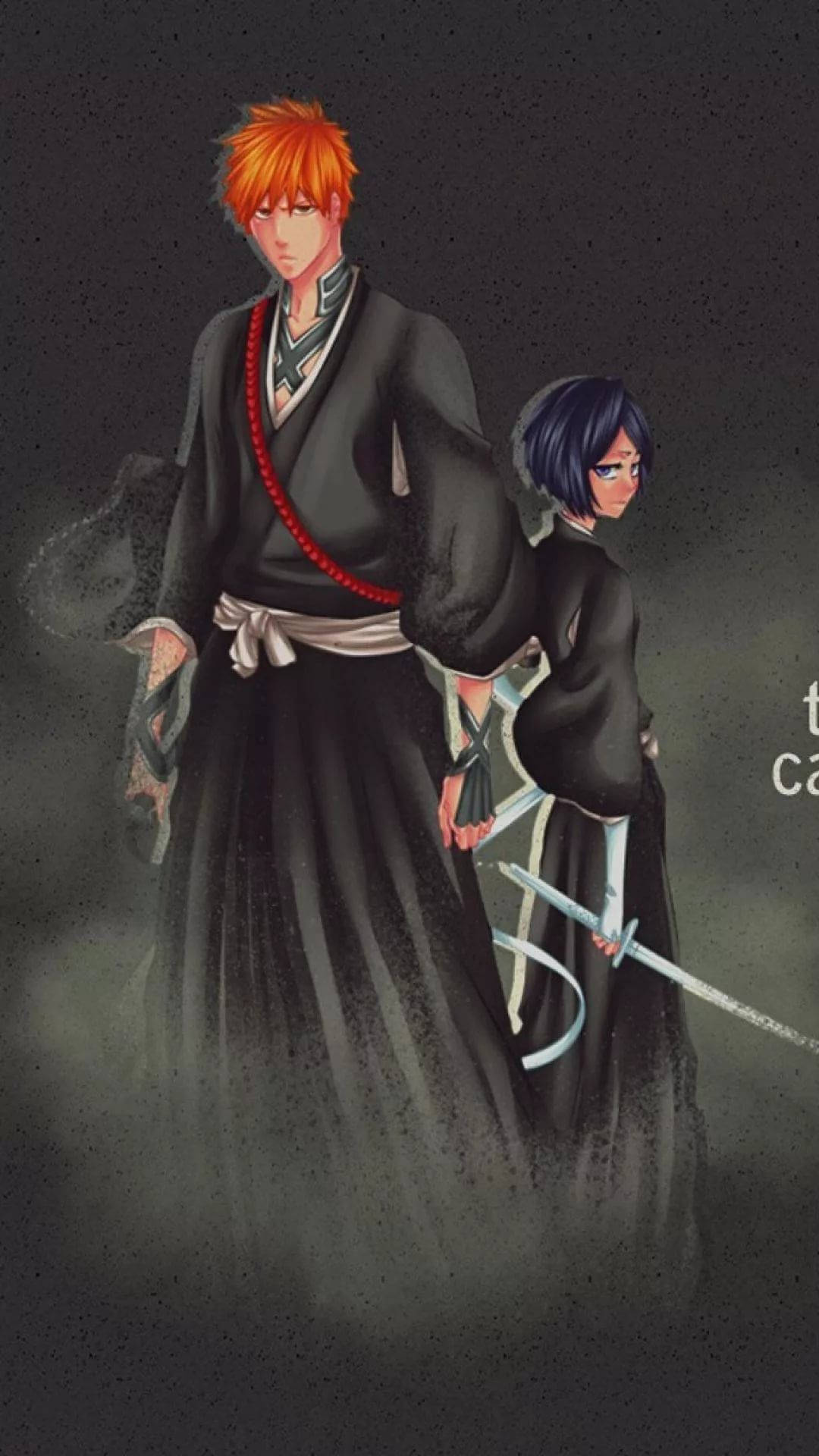 Bleach iPhone 桌布 壁紙 — 兩個身穿深色長袍的動漫角色莊嚴地站在霧濛濛的灰色背景前，一個有橙色頭髮和紅色繩索，另一個有藍色頭髮和劍。