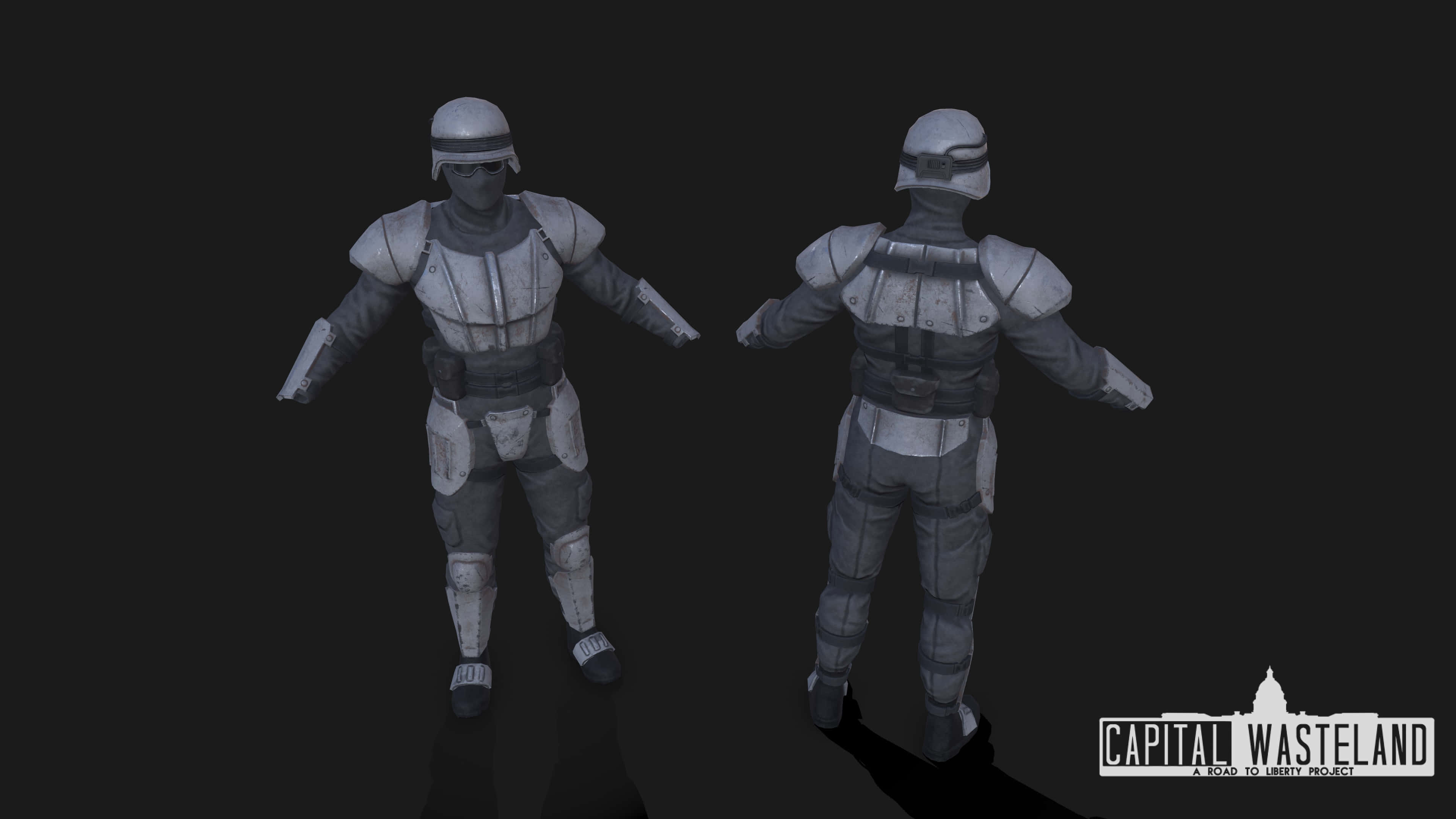 Fallout 4 The Capital Wasteland 桌布 壁紙 — 兩個身穿灰色戰術裝備的裝甲人物在深色背景前一前一後站立，角落有標誌。