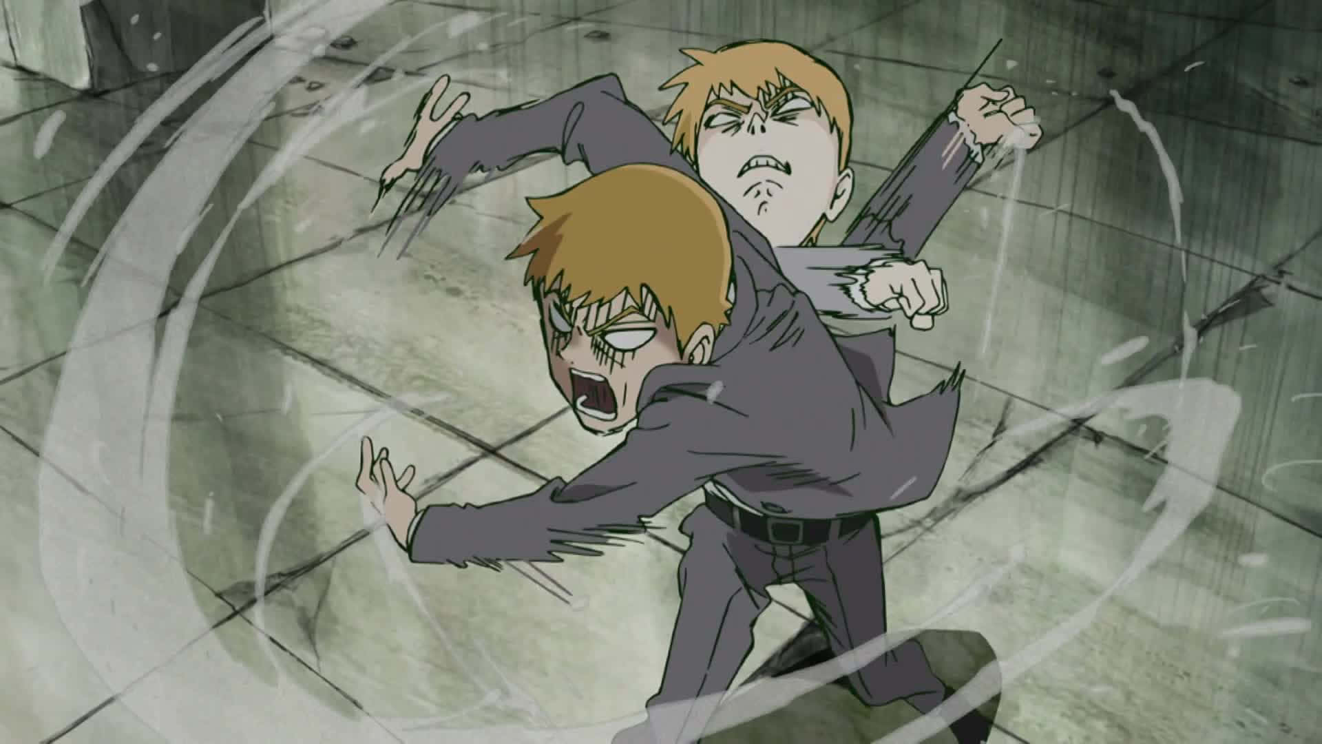 Mob Psycho 桌布 壁紙 — 兩個身穿灰色西裝的動畫男孩在裂開的瓷磚地板上激烈碰撞，表情兇猛，周圍環繞著旋轉的能量。