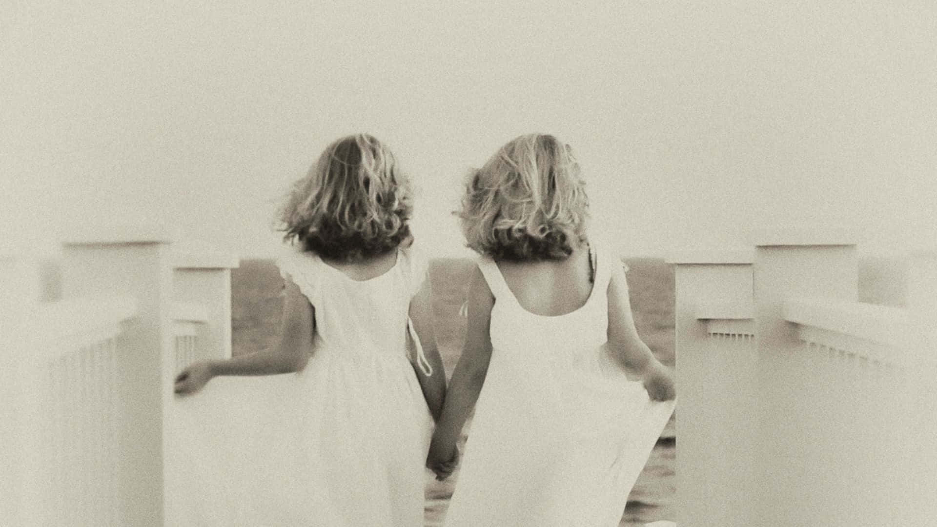 Best Friend 桌布 壁紙 — 兩個身穿白色連衣裙的小女孩手牽手，在霧氣朦朧的日子沿著木碼頭走遠。