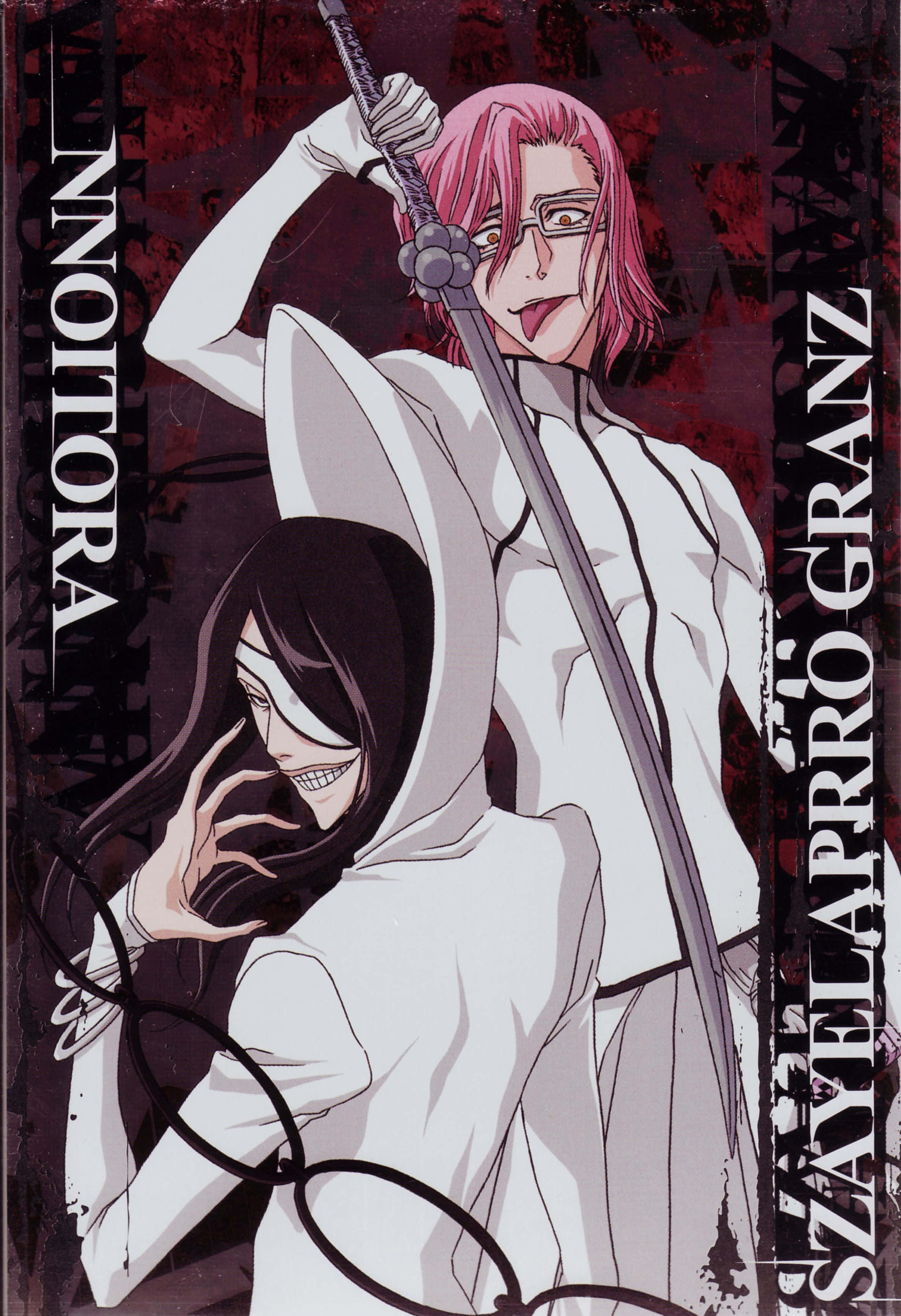 Szayelaporro Granz 桌布 壁紙 — 兩個身穿白色長袍的動漫角色，一個粉紅色頭髮手持劍，另一個黑色頭髮戴著眼罩咧嘴笑。