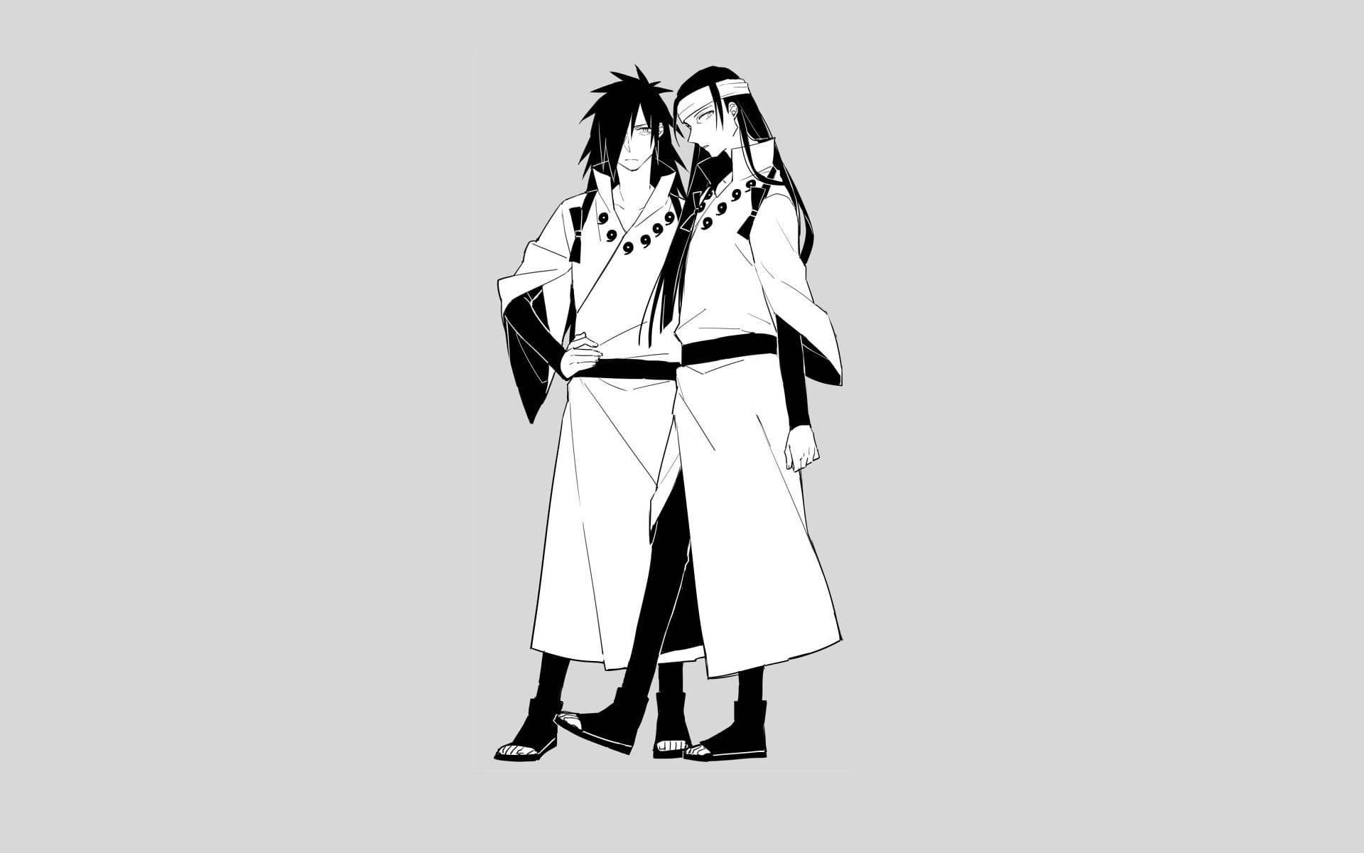 黑白 桌布 壁紙 — 兩個身穿白色長袍的動漫角色，在簡約的黑白線條藝術風格中，緊貼著站在純灰色背景前。