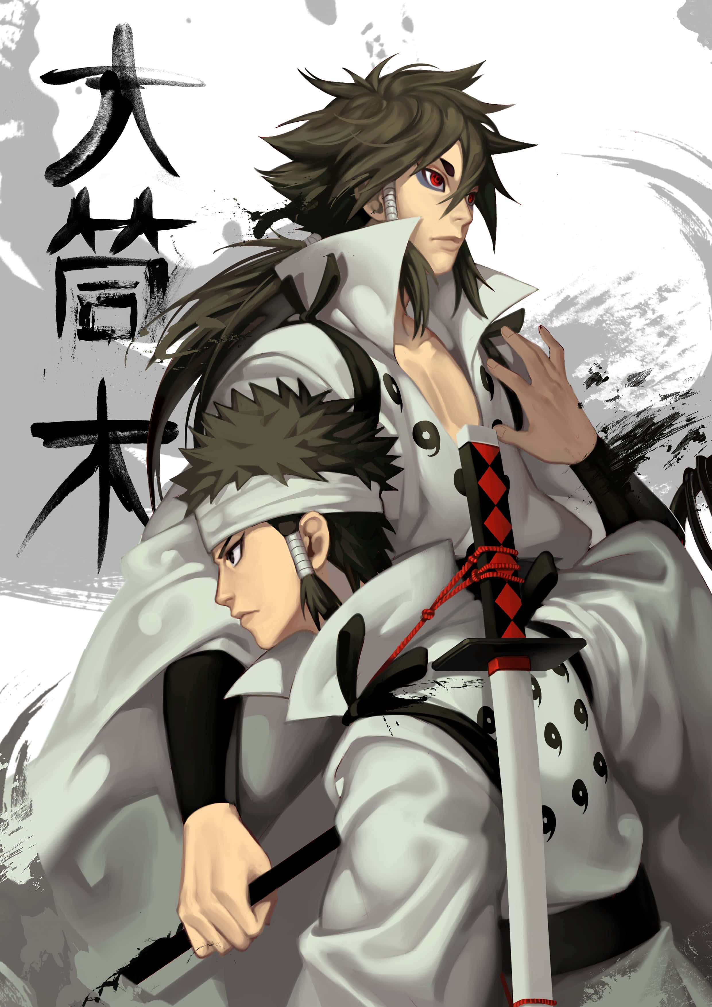 Asura ōtsutsuki 桌布 壁紙 — 兩個身穿白袍、紅眼持劍的動漫戰士，站在帶有日文字符的灰色水墨背景前。