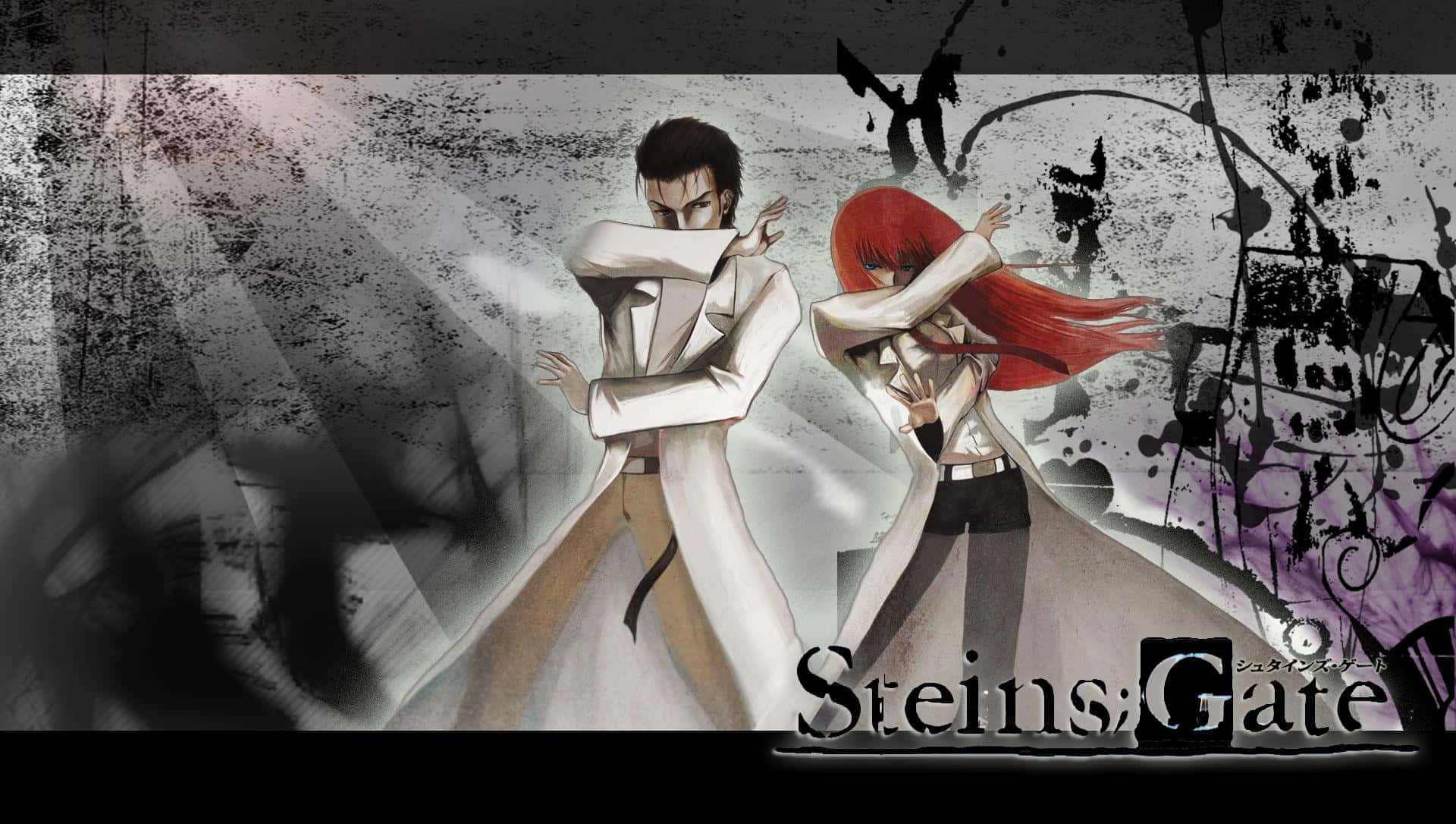 Steins Gate 桌布 壁紙 — 兩個身穿白袍的動漫角色在骯髒的飛濺背景前動態擺姿勢，帶有 Steins;Gate 標題。