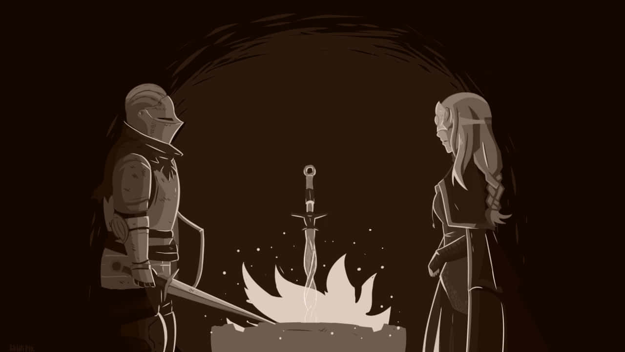 Fire Keeper 桌布 壁紙 — 兩個身穿盔甲的人物在黑暗洞穴中，隔著一把嵌入石中的發光劍面對面。