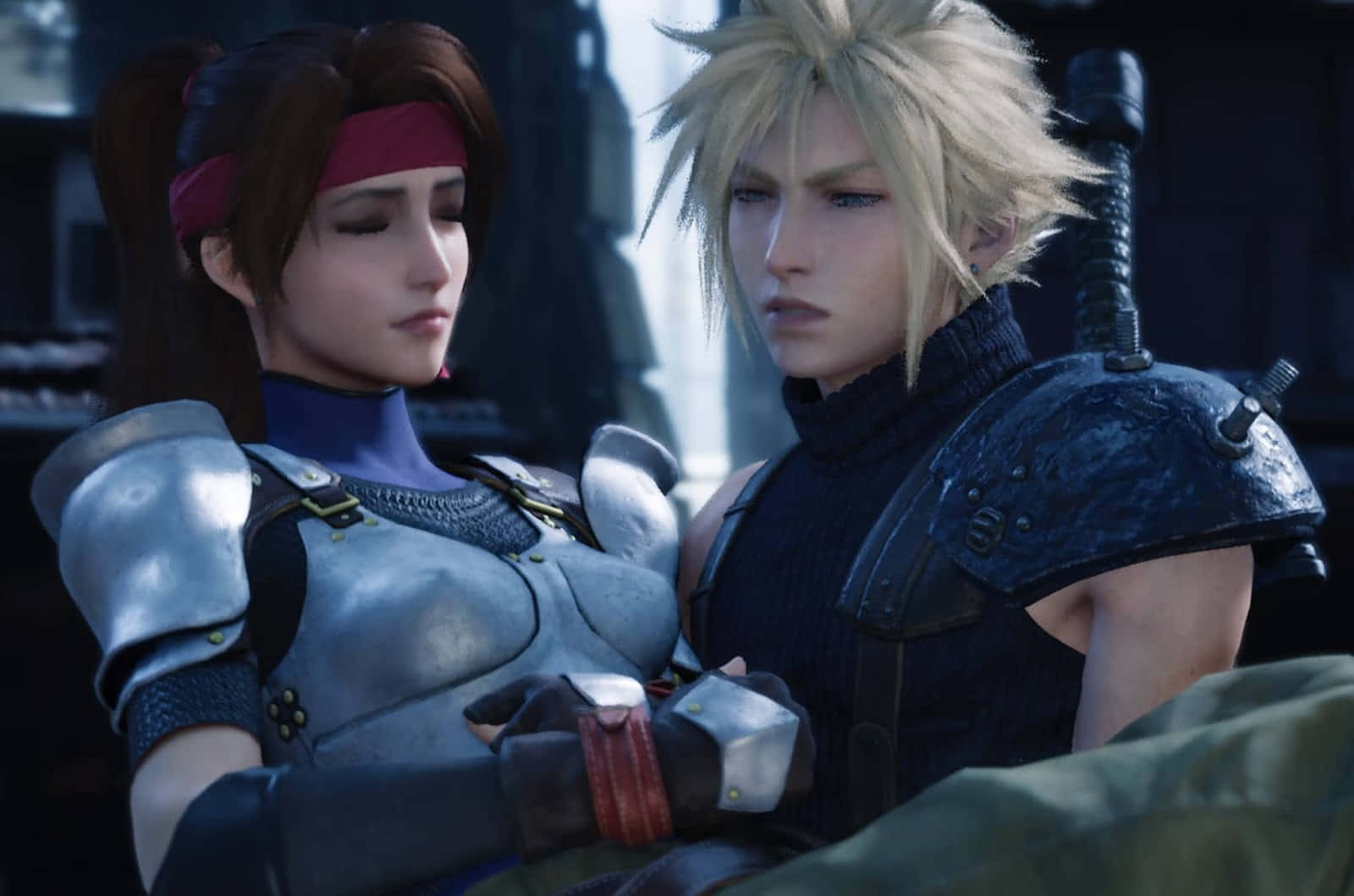 Final Fantasy Characters 桌布 壁紙 — 兩個身穿盔甲的動漫角色在昏暗的城市環境中表情嚴肅地靠近站立。