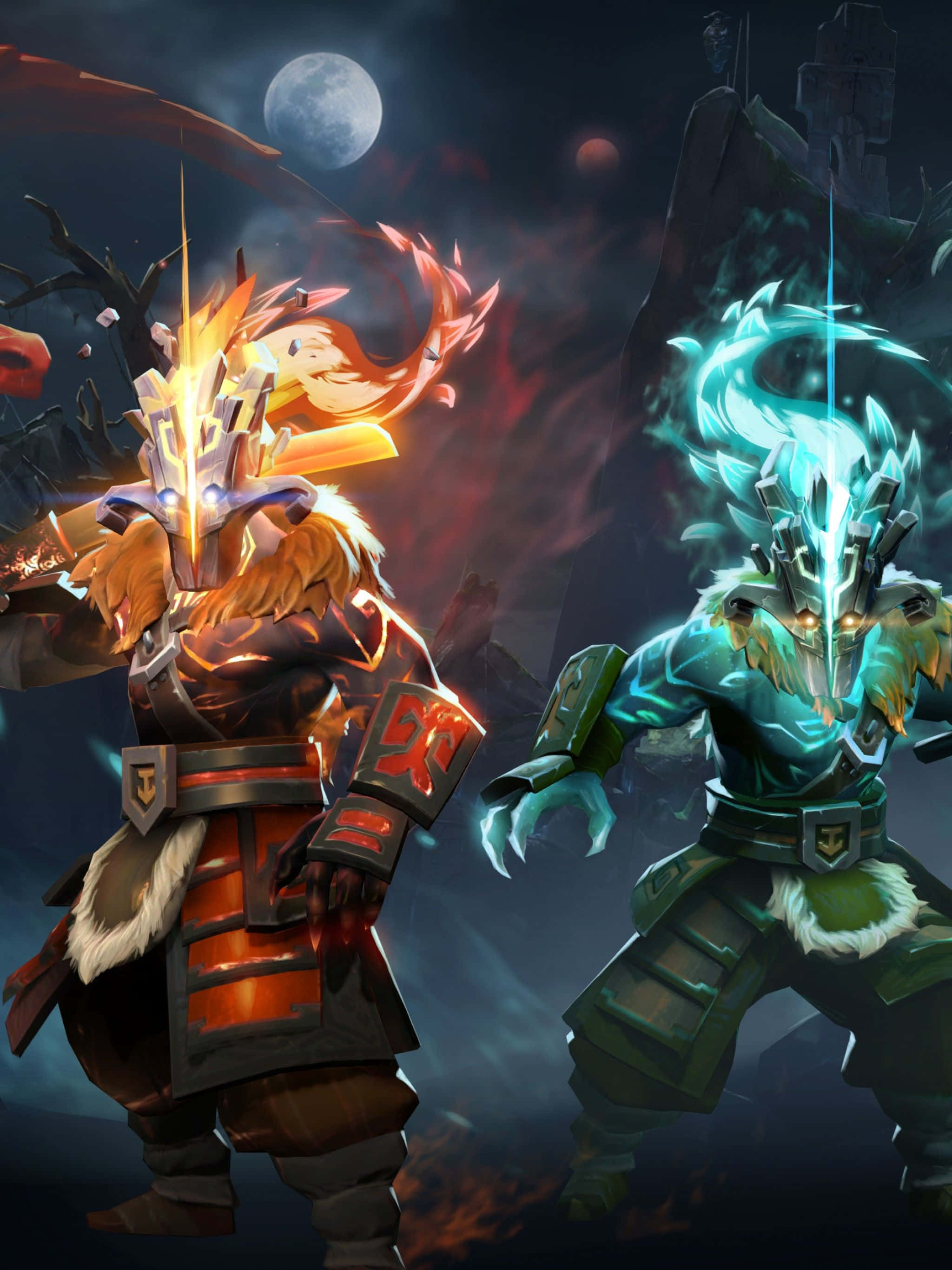 Dota 桌布 壁紙 — 兩個身穿盔甲的奇幻戰士在月光下交鋒，一個散發熾熱的橙色能量，另一個閃耀著冰冷的藍色魔法。