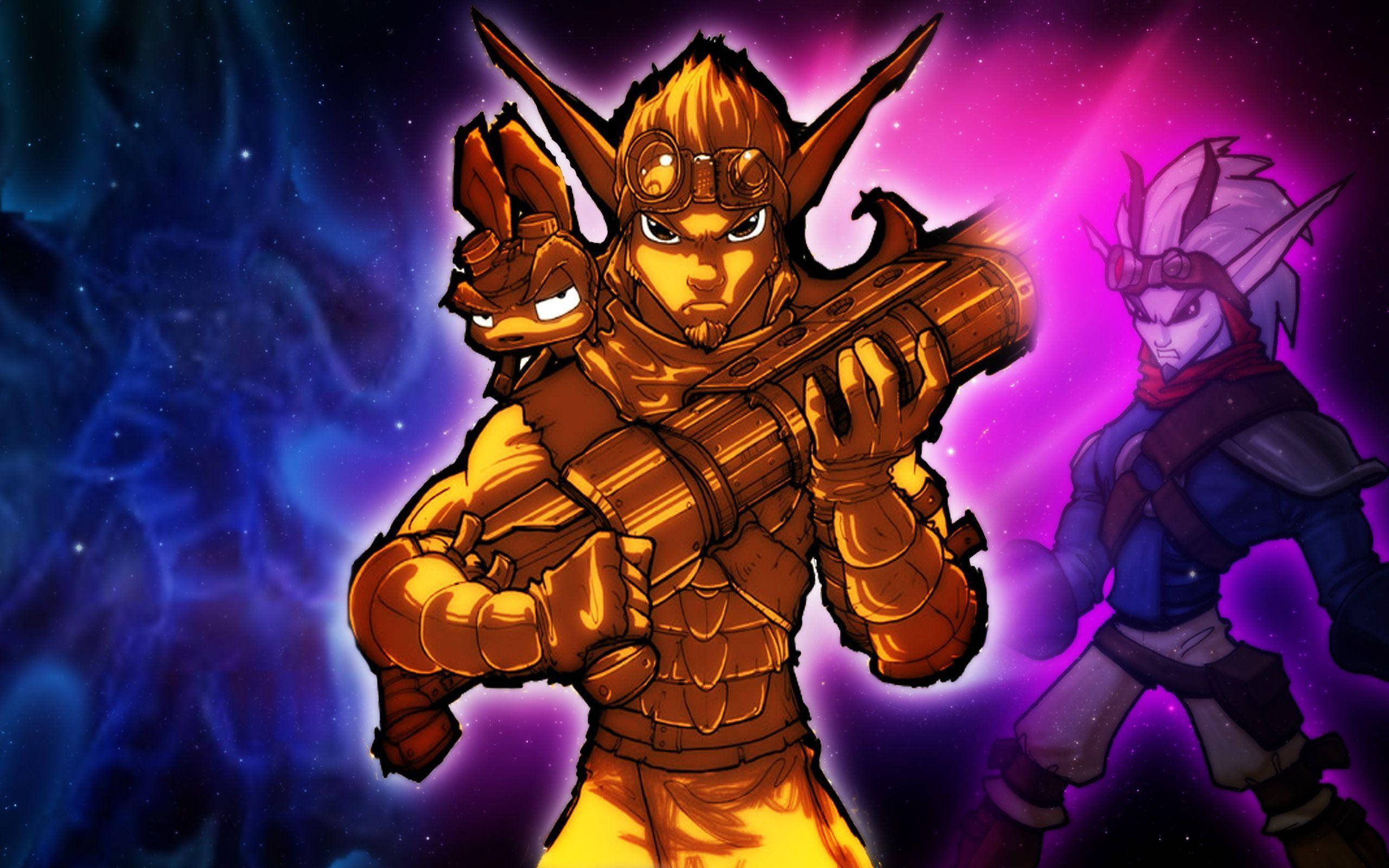 Gold Jak And Daxter 壁紙 — 兩個身穿盔甲的奇幻角色英勇地站在一個散發著電紫色和深藍色光芒的宇宙星雲背景前。
